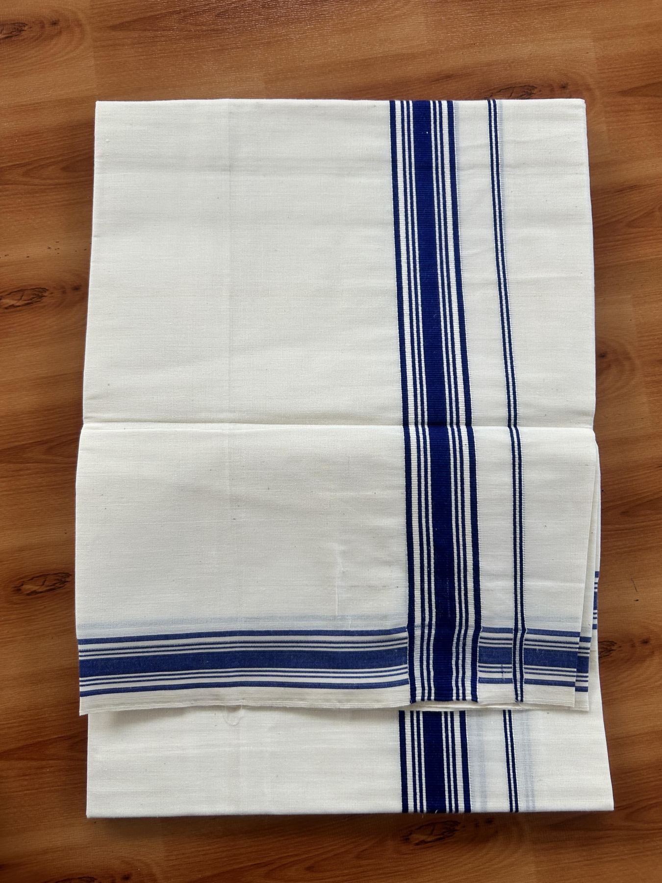 Single Off White - (Unbleached) Mundu/Dhoti - KaithariKada Balaramapuram Pure Cotton 70x30 - 1.25 inch Blue Striped Kara (2 meter /4 muzham) -5 KK5409 PMC