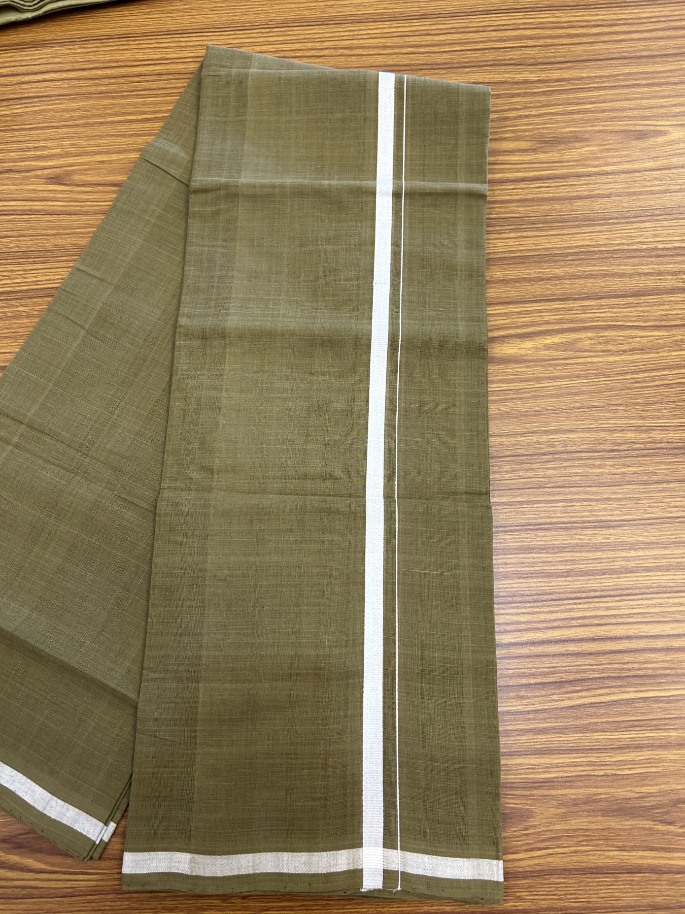 Handloom Single Hallmarked - 10% Discount !! KaithariKada 100% Pure Cotton - Mundu/Dhoti Olive Green Body & 1.5 cm Black & White Stripes Kara - (2 meter / 4 muzham) - 9 KK8044 ELA