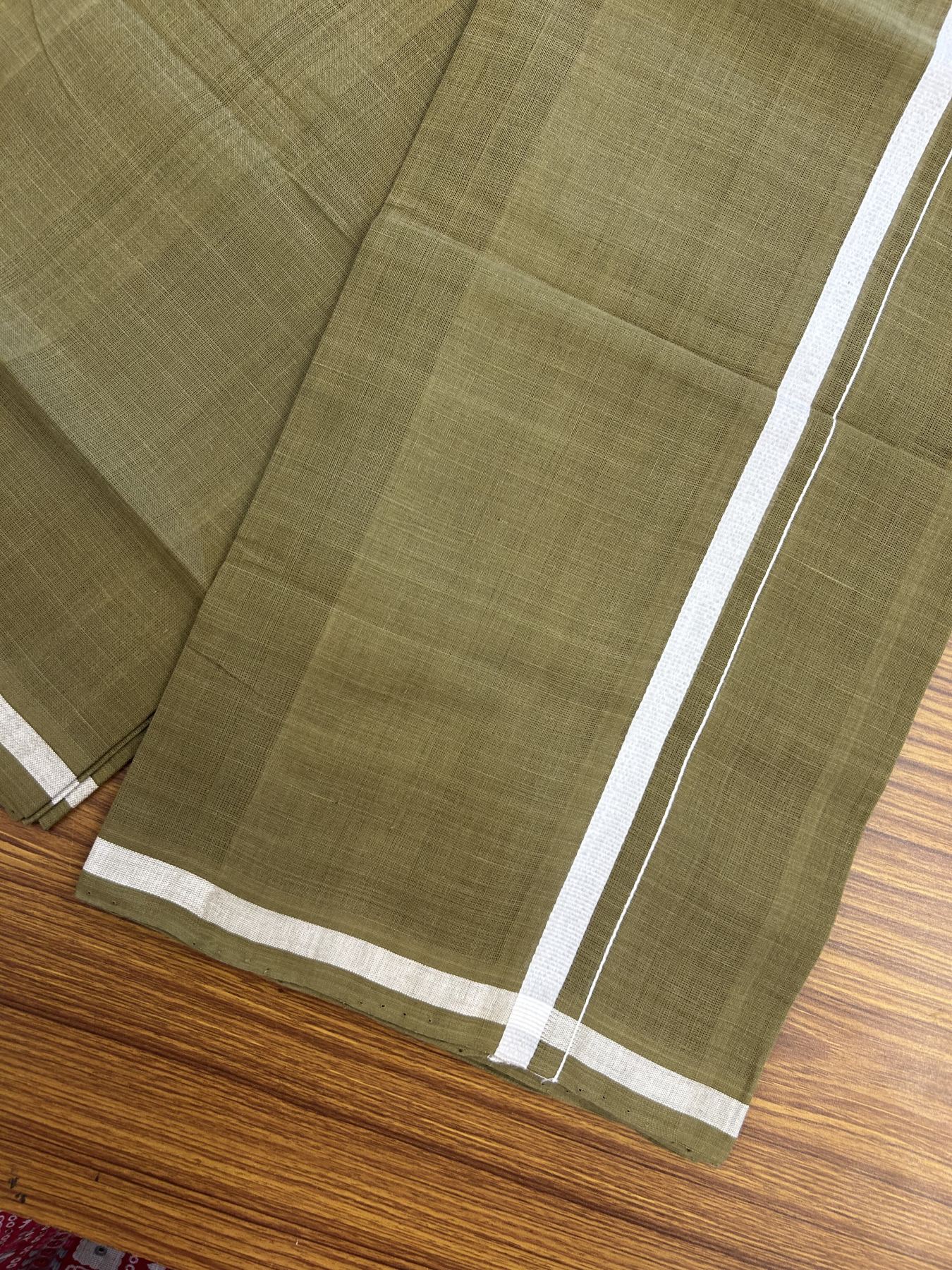 Handloom Single Hallmarked - 10% Discount !! KaithariKada 100% Pure Cotton - Mundu/Dhoti Olive Green Body & 1.5 cm Black & White Stripes Kara - (2 meter / 4 muzham) - 9 KK8044 ELA