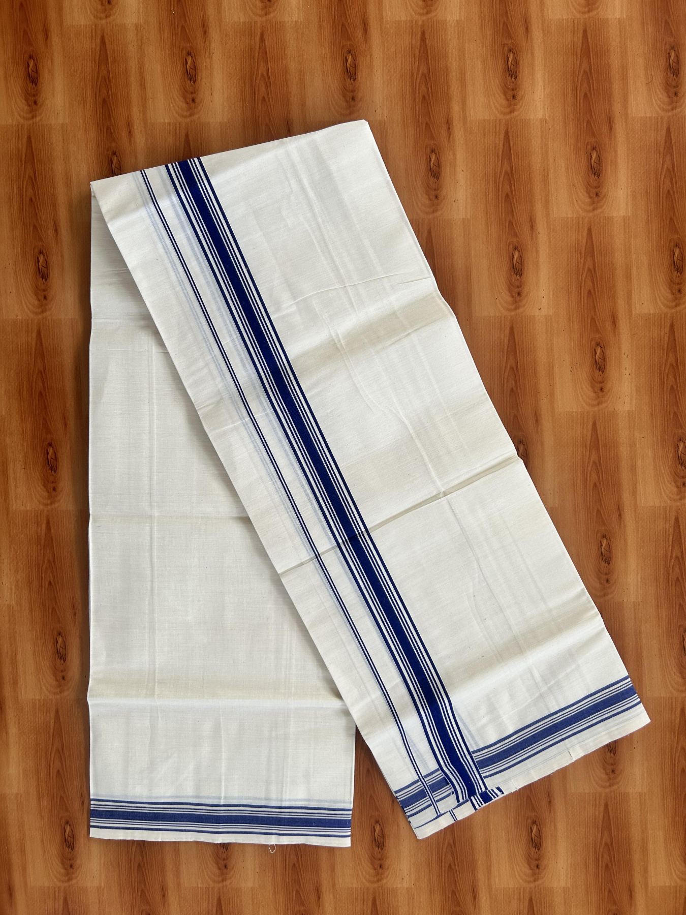 Single Off White - (Unbleached) Mundu/Dhoti - KaithariKada Balaramapuram Pure Cotton 70x30 - 1.25 inch Blue Striped Kara (2 meter /4 muzham) -5 KK5409 PMC