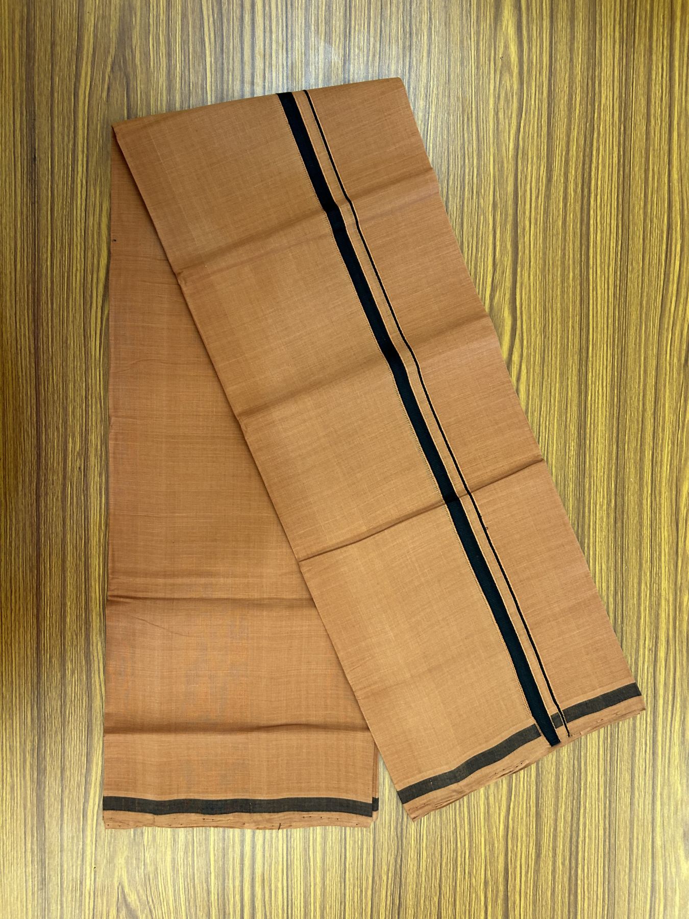 Handloom Single Hallmarked - 10% Discount ! KaithariKada 100% Pure Cotton - Mundu/Dhoti 0.5 inch Black  & Brown Kara with Kavi colour Body - (2 meter / 4 muzham) - 67 KK8044 ELA