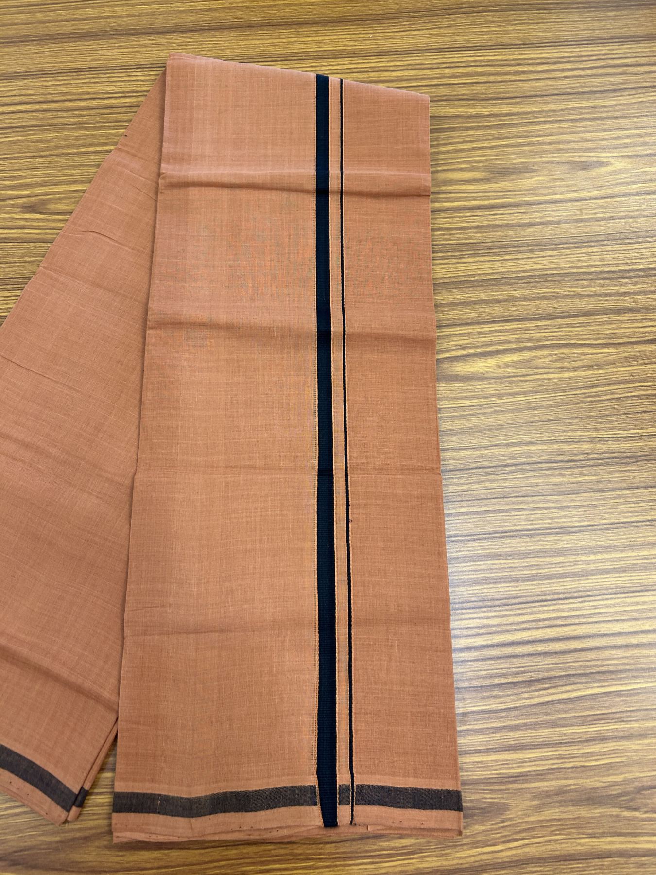 Handloom Single Hallmarked - 10% Discount ! KaithariKada 100% Pure Cotton - Mundu/Dhoti 0.5 inch Black  & Brown Kara with Kavi colour Body - (2 meter / 4 muzham) - 67 KK8044 ELA