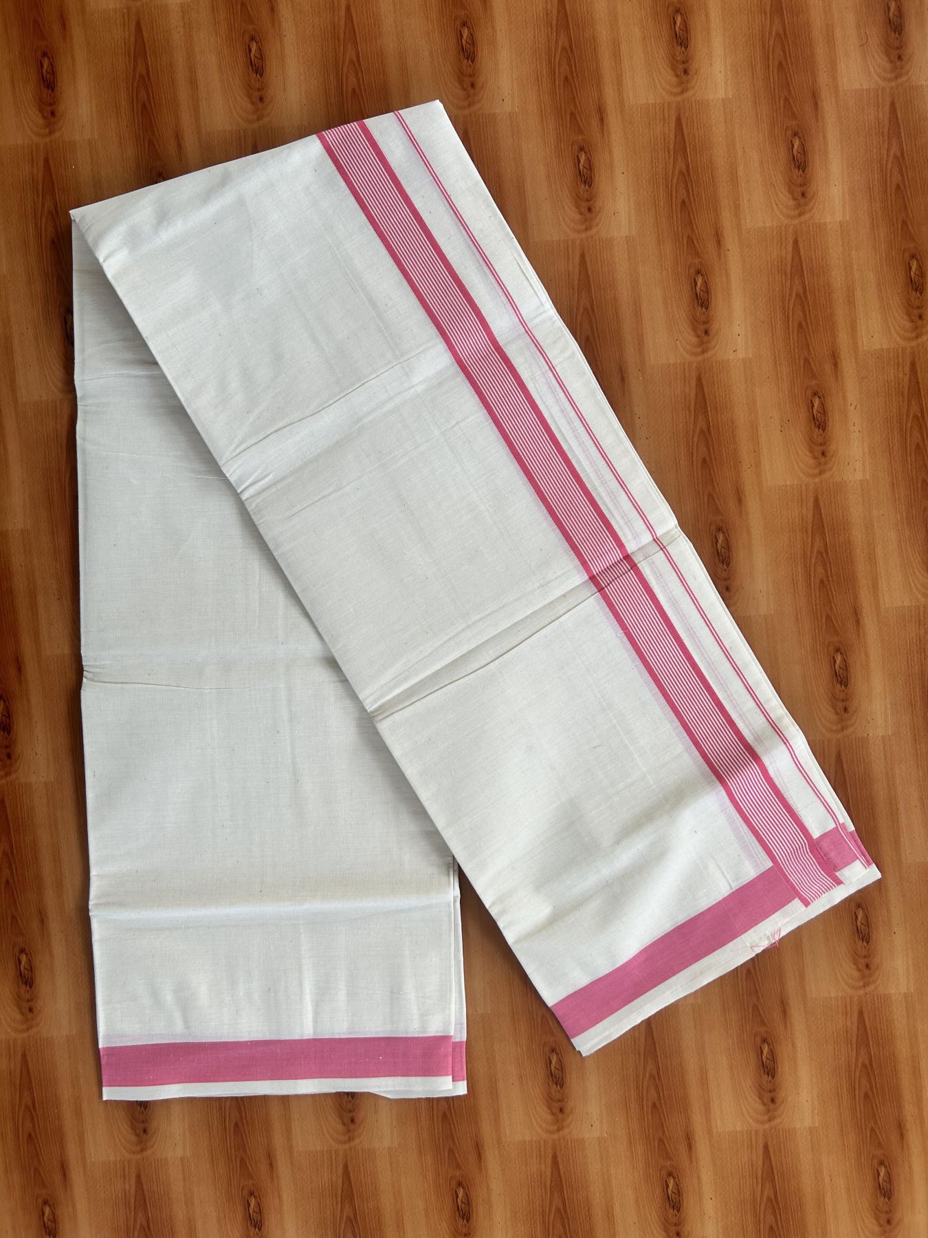 Single Off White - (Unbleached) Mundu/Dhoti - KaithariKada Balaramapuram Pure Cotton 70x30 - 1.25 inch Rose Striped Kara (2 meter /4 muzham) - 7 KK5409 PMC