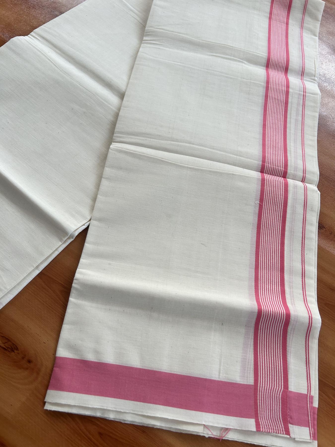 Single Off White - (Unbleached) Mundu/Dhoti - KaithariKada Balaramapuram Pure Cotton 70x30 - 1.25 inch Rose Striped Kara (2 meter /4 muzham) - 7 KK5409 PMC