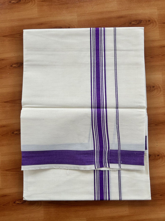 Single Off White - (Unbleached) Mundu/Dhoti - KaithariKada Balaramapuram Pure Cotton 70x30 - 1.25 inch Violet Striped Kara (2 meter /4 muzham) - 4 KK5409 PMC