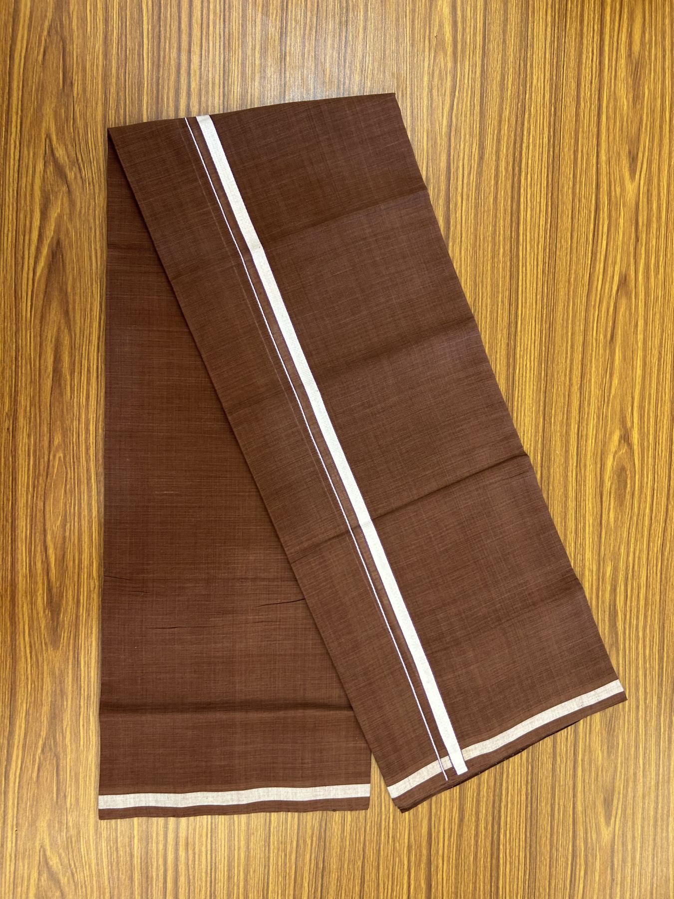 Handloom Single Hallmarked - 10% Discount ! KaithariKada 100% Pure Cotton - Mundu/Dhoti 0.5 inch White & Violet kara with Brown colour Body - (2 meter / 4 muzham) - 83 KK8044 ELA