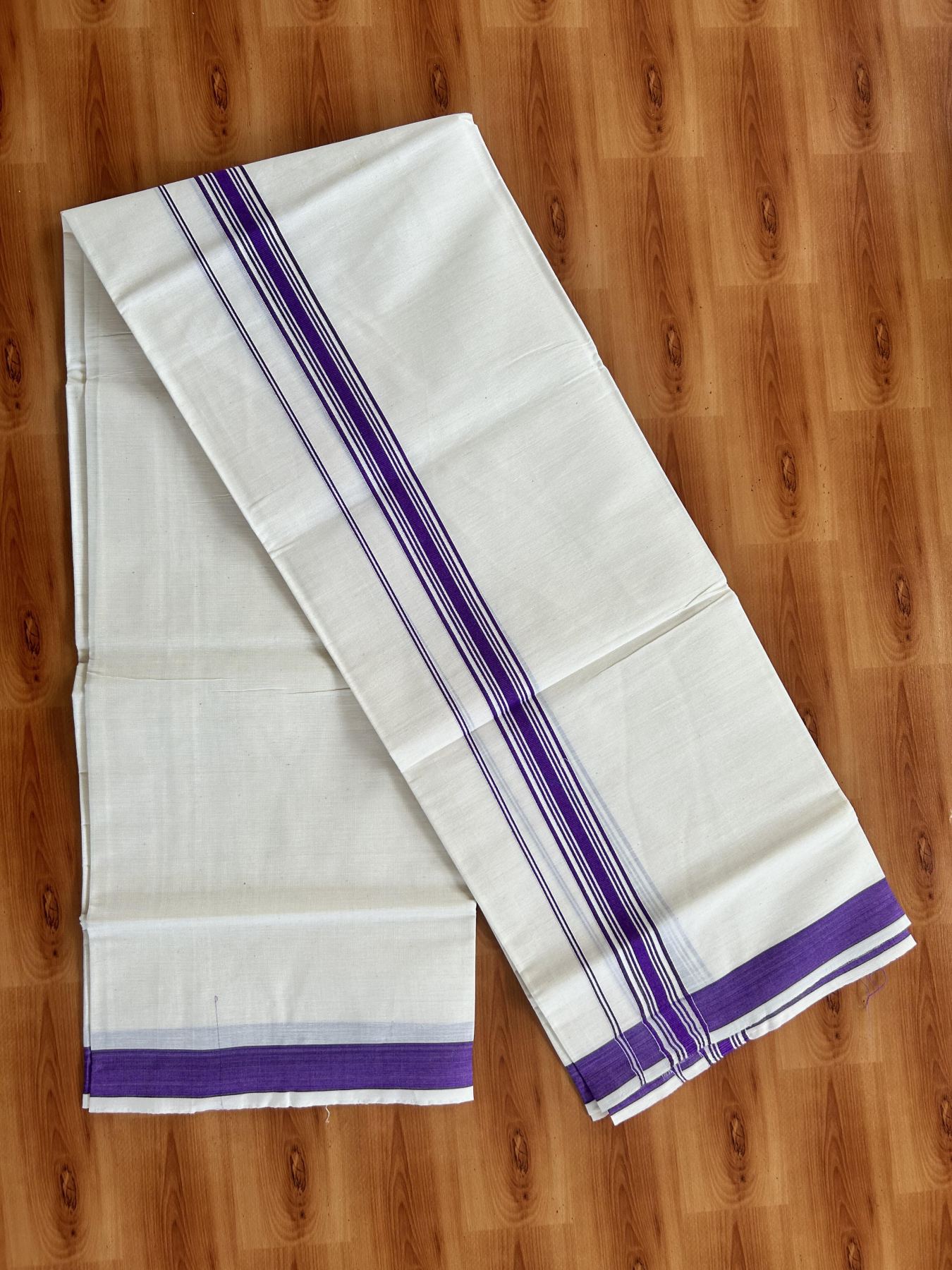 Single Off White - (Unbleached) Mundu/Dhoti - KaithariKada Balaramapuram Pure Cotton 70x30 - 1.25 inch Violet Striped Kara (2 meter /4 muzham) - 4 KK5409 PMC