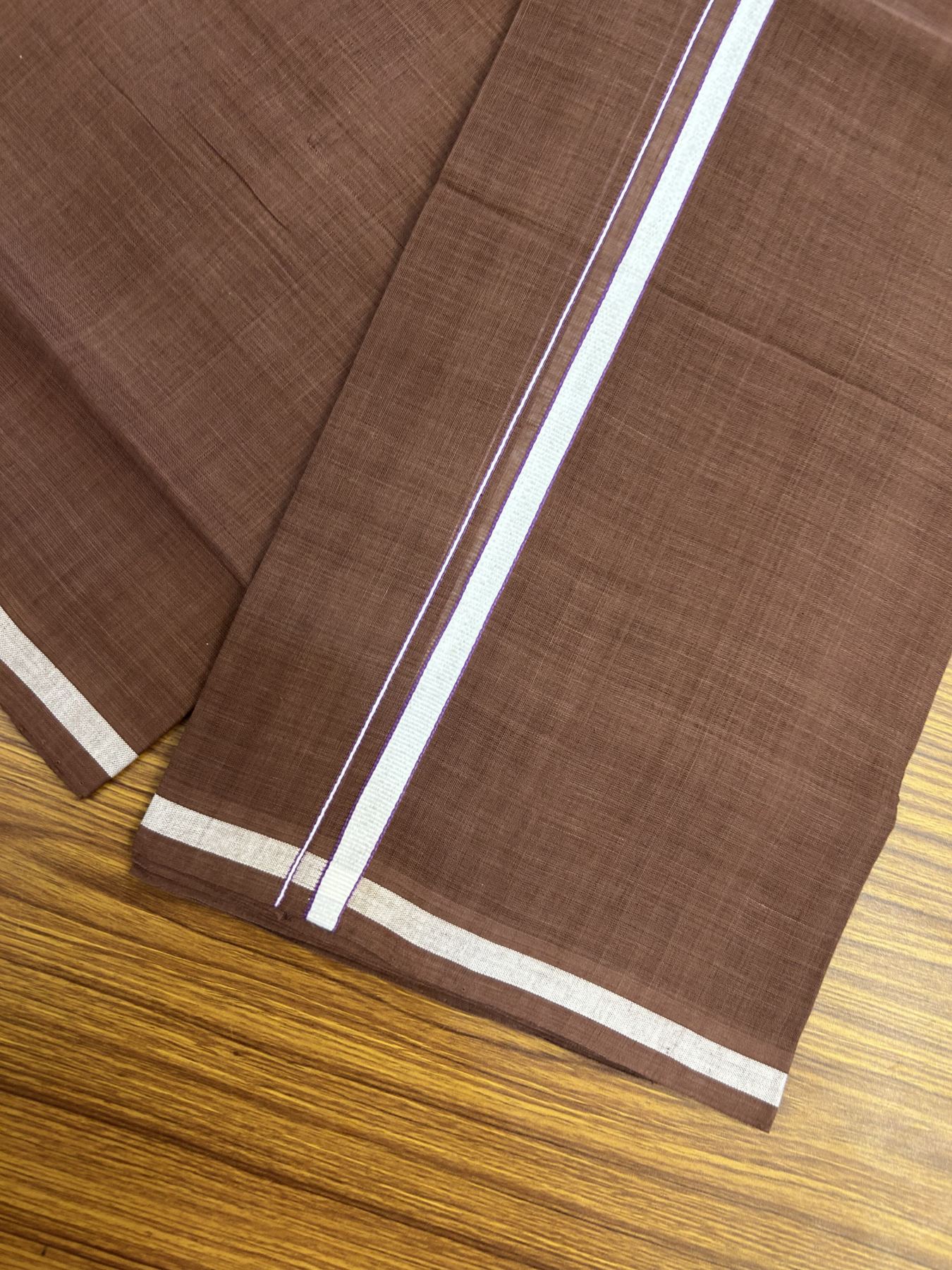 Handloom Single Hallmarked - 10% Discount ! KaithariKada 100% Pure Cotton - Mundu/Dhoti 0.5 inch White & Violet kara with Brown colour Body - (2 meter / 4 muzham) - 83 KK8044 ELA