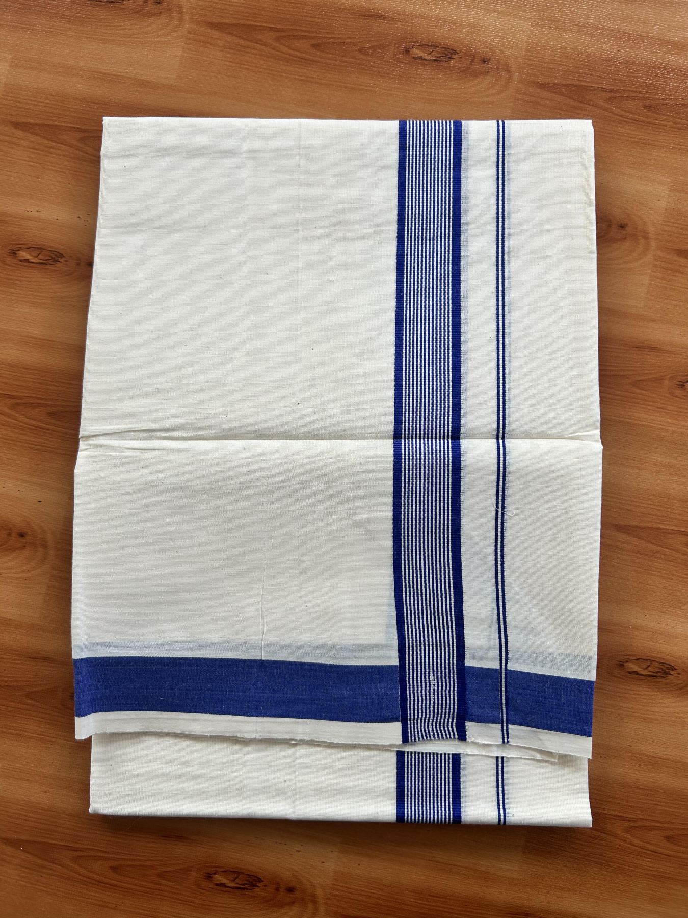 Single Off White - (Unbleached) Mundu/Dhoti - KaithariKada Balaramapuram Pure Cotton 70x30 - 1.25 inch Blue Striped Kara (2 meter /4 muzham) - 8 KK5409 PMC