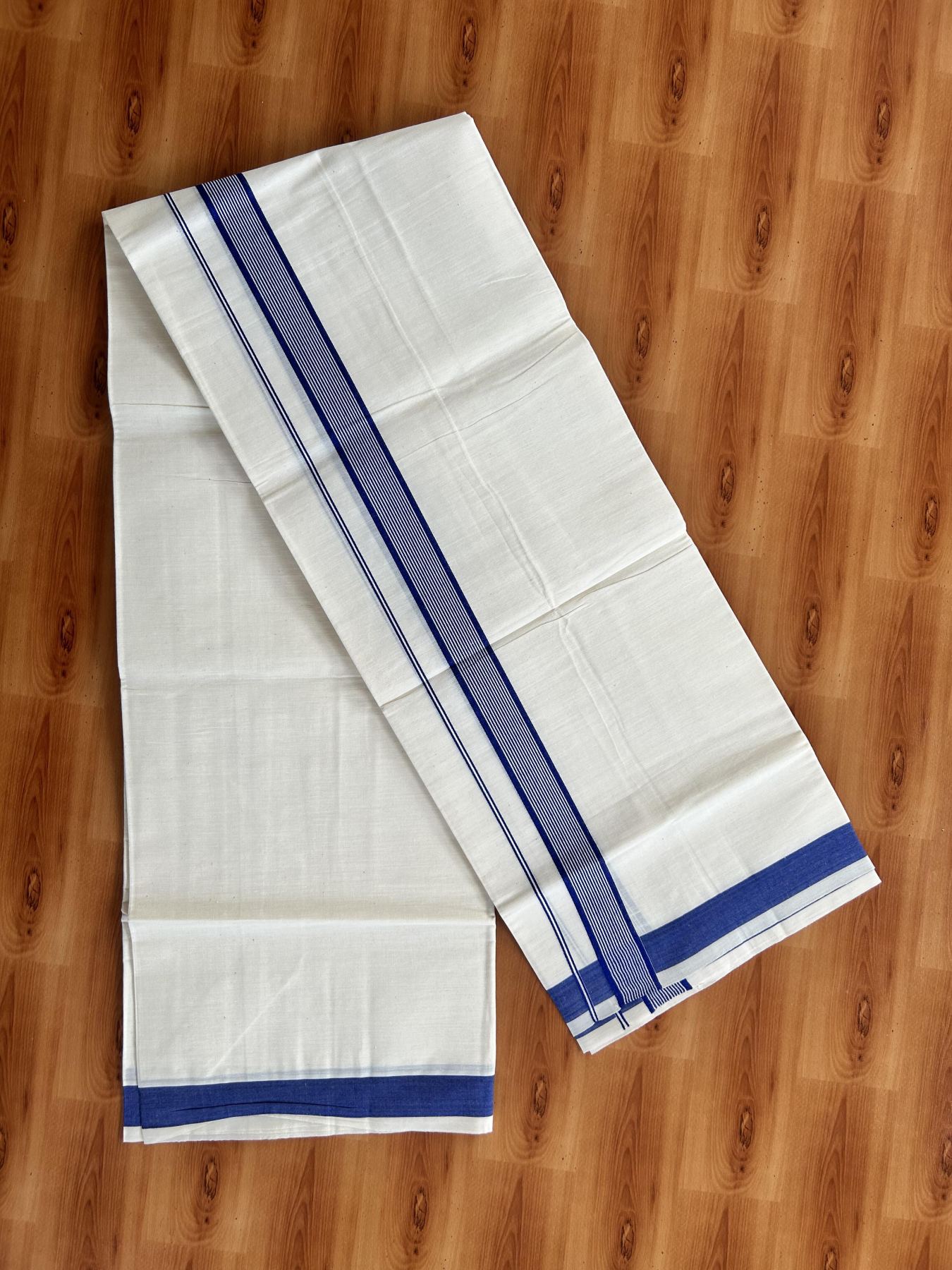 Single Off White - (Unbleached) Mundu/Dhoti - KaithariKada Balaramapuram Pure Cotton 70x30 - 1.25 inch Blue Striped Kara (2 meter /4 muzham) - 8 KK5409 PMC
