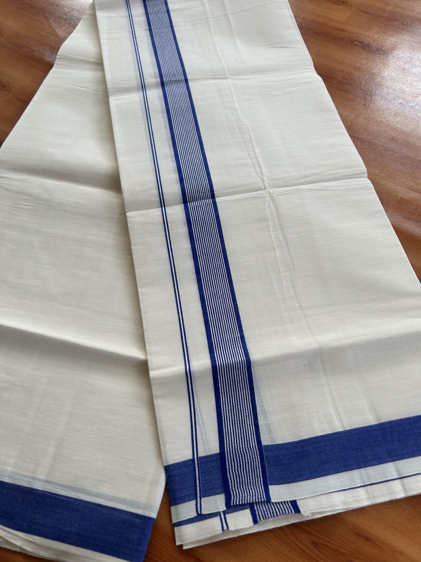 Single Off White - (Unbleached) Mundu/Dhoti - KaithariKada Balaramapuram Pure Cotton 70x30 - 1.25 inch Blue Striped Kara (2 meter /4 muzham) - 8 KK5409 PMC
