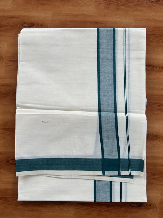 Single Off White - (Unbleached) Mundu/Dhoti - KaithariKada Balaramapuram Pure Cotton 70x30 - 1.25 inch Green Shaded Kara (2 meter / 4 muzham) - 1 KK5409 PMC
