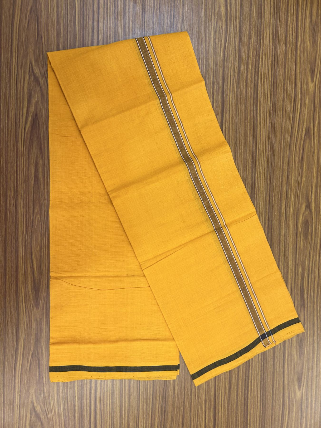 Handloom Single Hallmarked - 10% Discount !! KaithariKada 100% Pure Cotton - Mundu/Dhoti 1.5 cm Brown Striped Kara with Light Orange colour Body - (2 meter / 4 muzham) - 41 KK8044 ELA