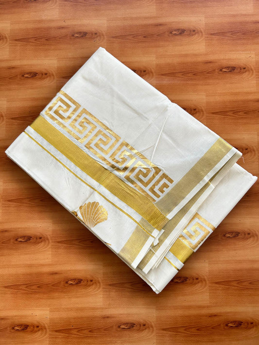 Double Off White (Unbleached) Mundu/Dhoti - 20% Discount!! KaithariKada Mixed Cotton (60s) - 3 inch Gold Kasav & Printed Designer Kara 4 mtr (8.5 Muzham) - 35 KK5487 CKS
