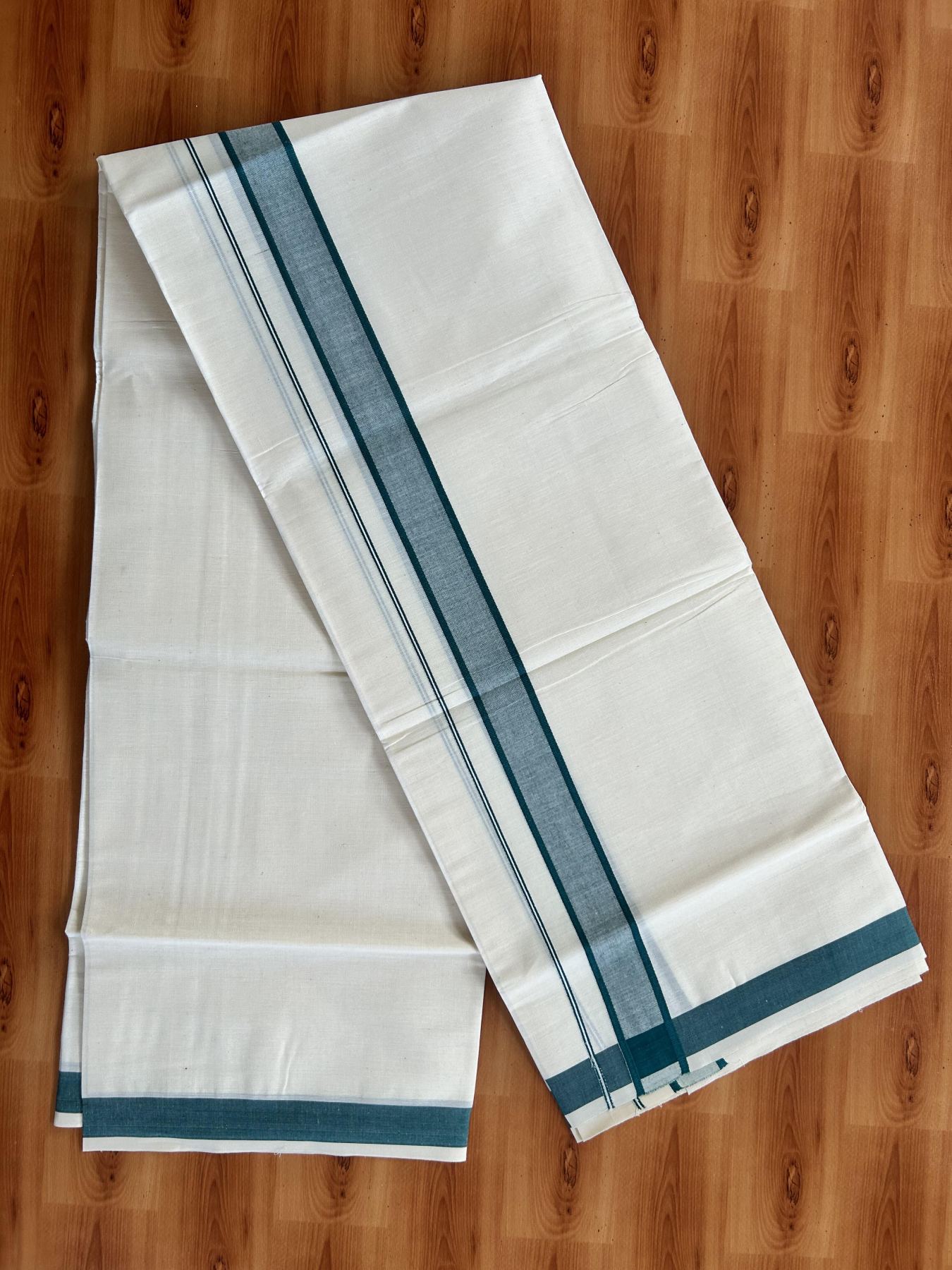 Single Off White - (Unbleached) Mundu/Dhoti - KaithariKada Balaramapuram Pure Cotton 70x30 - 1.25 inch Green Shaded Kara (2 meter / 4 muzham) - 1 KK5409 PMC