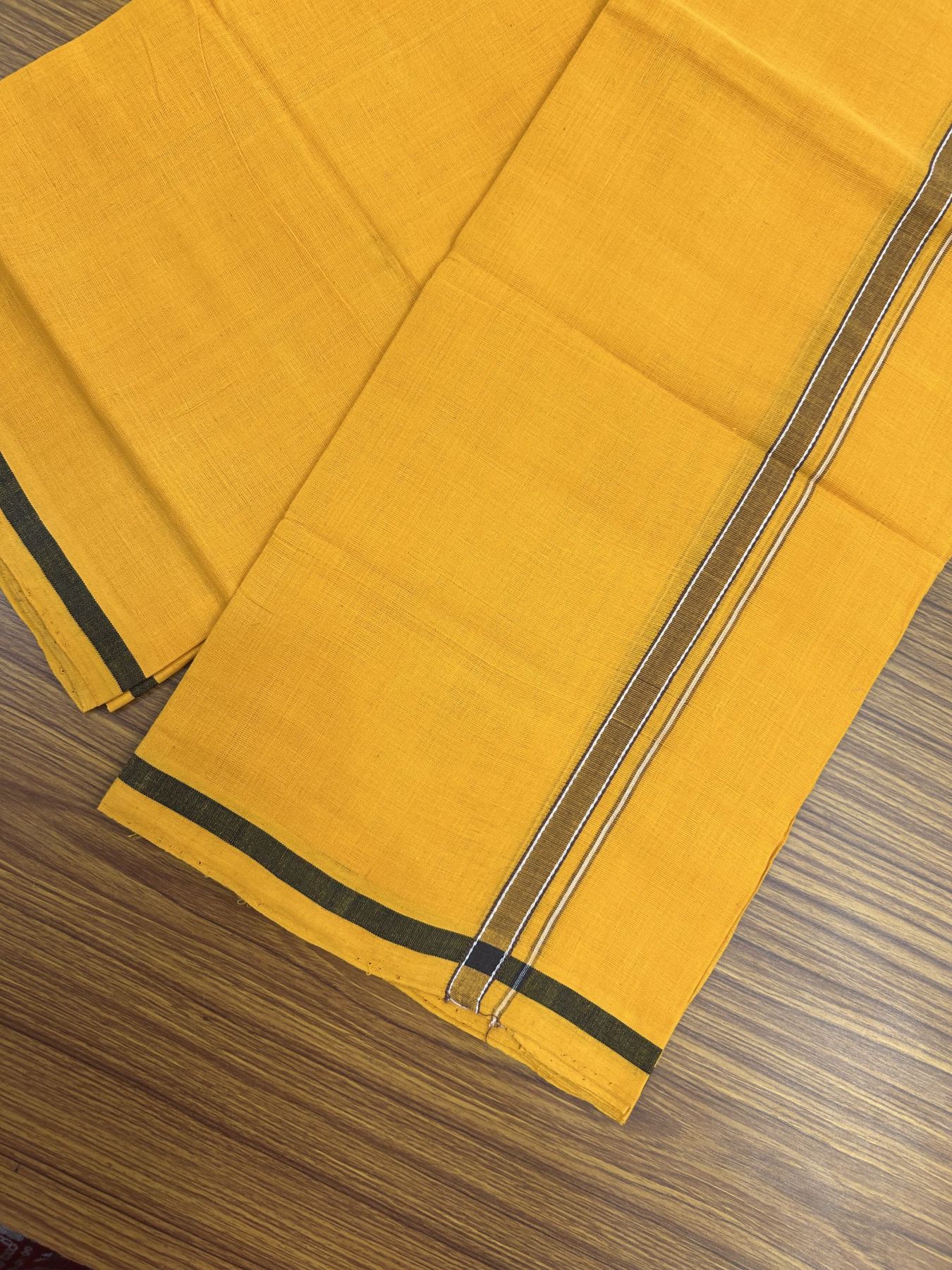 Handloom Single Hallmarked - 10% Discount !! KaithariKada 100% Pure Cotton - Mundu/Dhoti 1.5 cm Brown Striped Kara with Light Orange colour Body - (2 meter / 4 muzham) - 41 KK8044 ELA