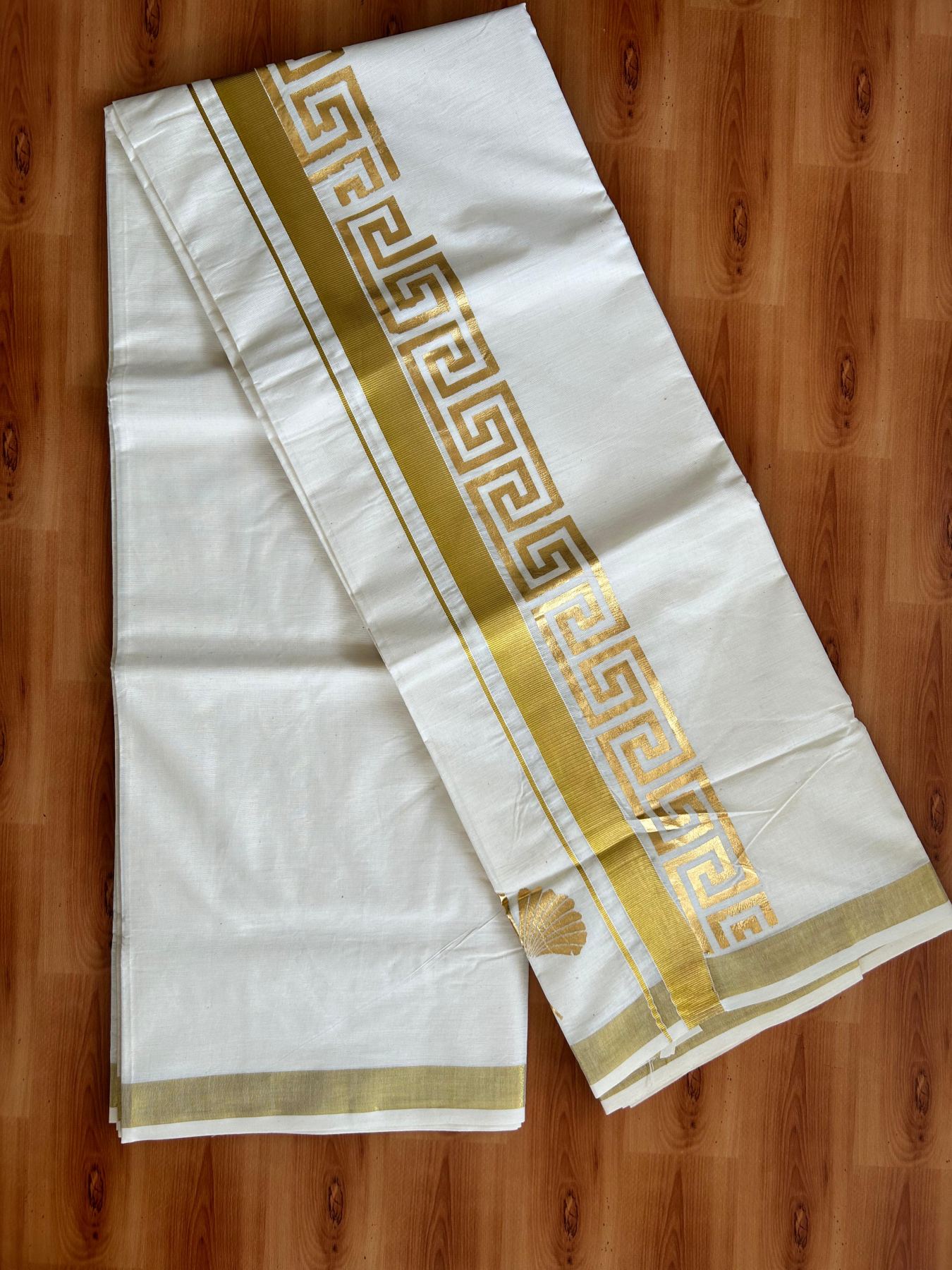 Double Off White (Unbleached) Mundu/Dhoti - 20% Discount!! KaithariKada Mixed Cotton (60s) - 3 inch Gold Kasav & Printed Designer Kara 4 mtr (8.5 Muzham) - 35 KK5487 CKS