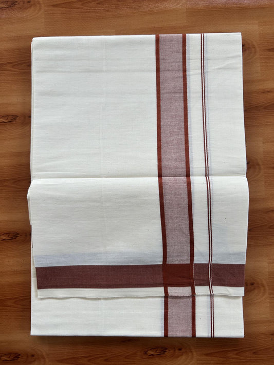 Single Off White - (Unbleached) Mundu/Dhoti - KaithariKada Balaramapuram Pure Cotton 70x30 - 1.25 inch Reddish Brown Shaded Kara (2 meter / 4 muzham) - 3 KK5409 PMC