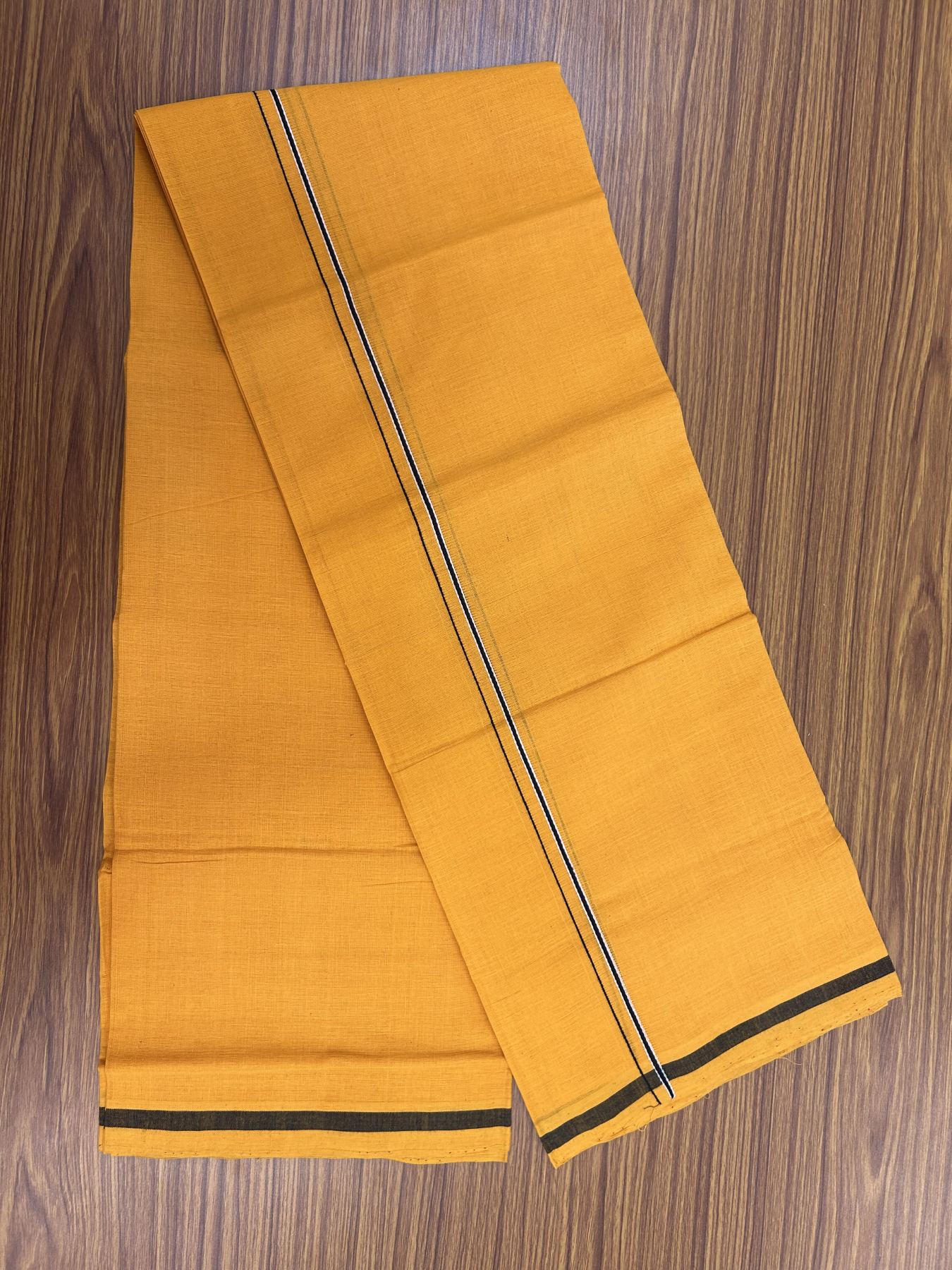 Handloom Single Hallmarked - 10% Discount !! KaithariKada 100% Pure Cotton - Mundu/Dhoti 0.2 cm Black Kara with Light Orange colour Body - (2 meter / 4 muzham) - 42 KK8044 ELA