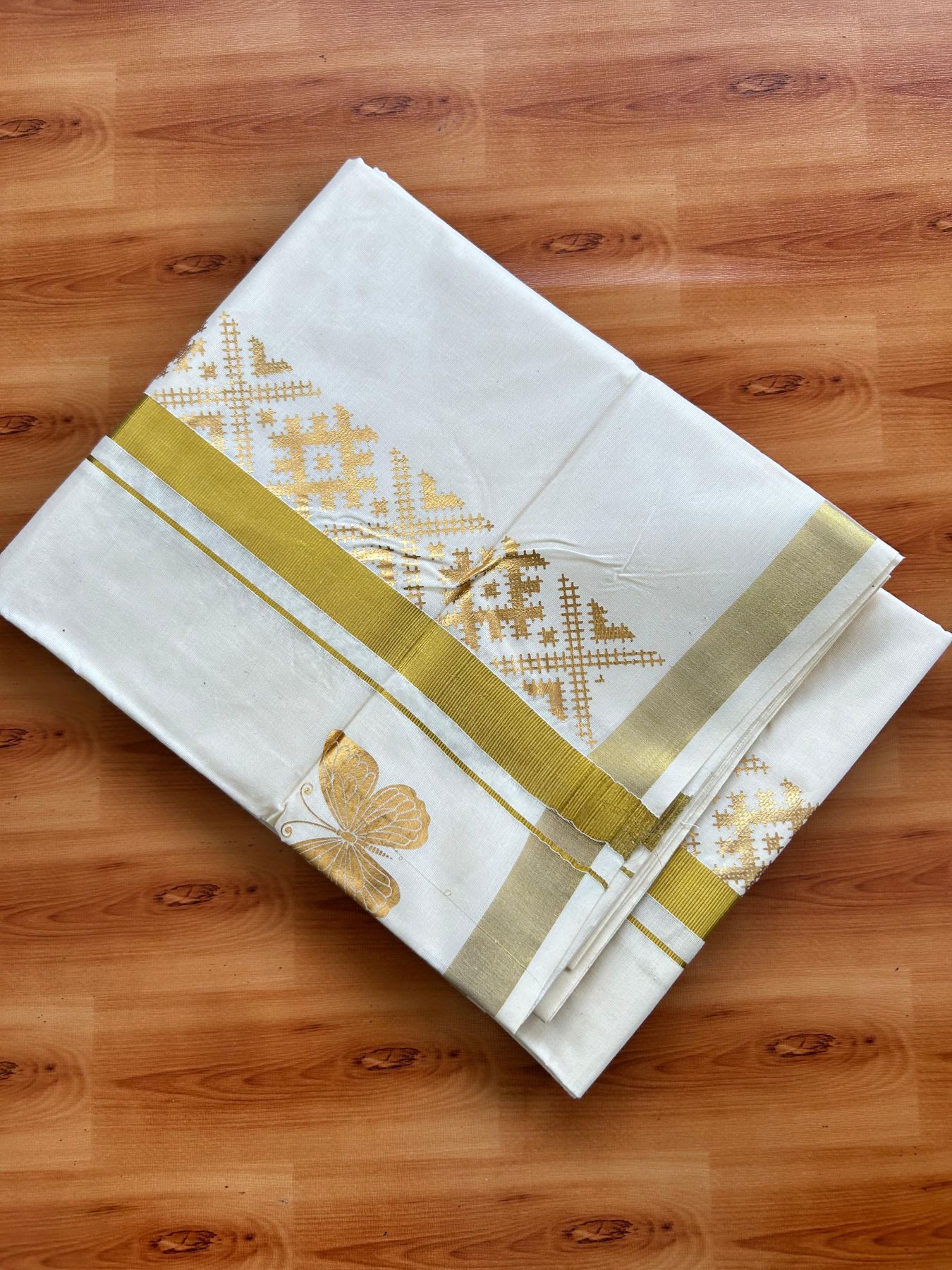 Double Off White (Unbleached) Mundu/Dhoti - 20% Discount!! KaithariKada Mixed Cotton (60s) - 3 inch Gold Kasav & Printed Designer Kara 4 mtr (8.5 Muzham) - 36 KK5487 CKS
