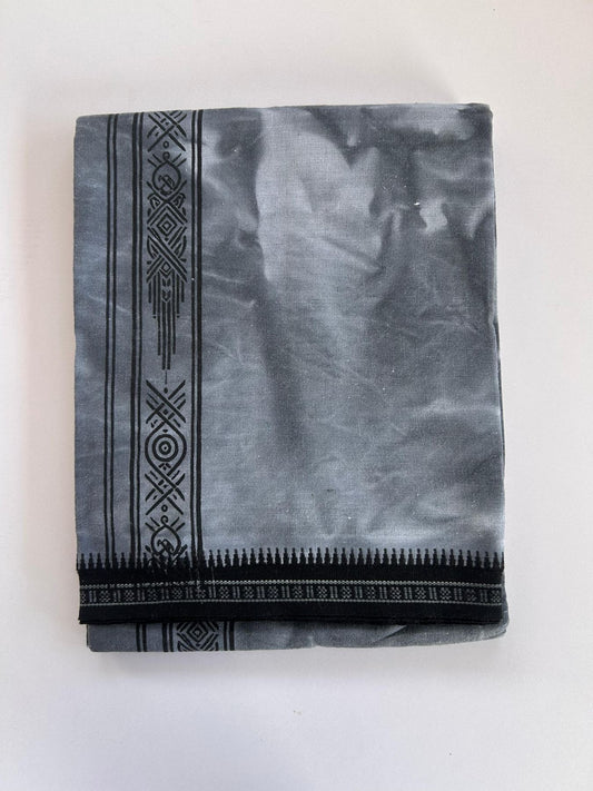 Single Kaily / Lungi - Kaitharikada - Mixed Cotton - 40s twisted - 1.5 inch Black Printed Design Kara With Ash Grey & Black Shaded Colour Body (2 meter / 4 muzham) -  7 KK8088 SAT