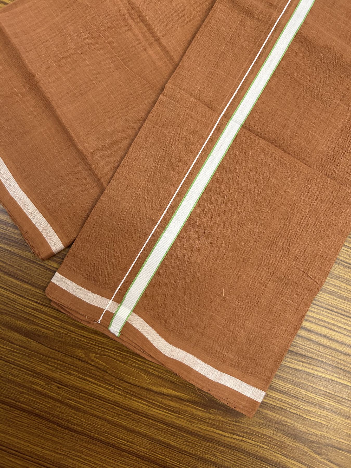 Handloom Single Hallmarked - 10% Discount ! KaithariKada 100% Pure Cotton - Mundu/Dhoti 0.5 inch White & Parrot Green Kara with Kavi colour Body - (2 meter / 4 muzham) - 58 KK8044 ELA