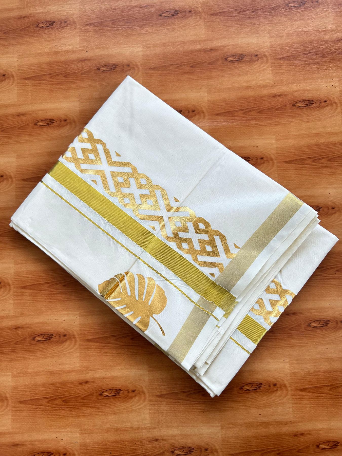 Double Off White (Unbleached) Mundu/Dhoti - 20% Discount!! KaithariKada Mixed Cotton (60s) - 3 inch Gold Kasav & Printed Designer Kara 4 mtr (8.5 Muzham) - 37 KK5487 CKS
