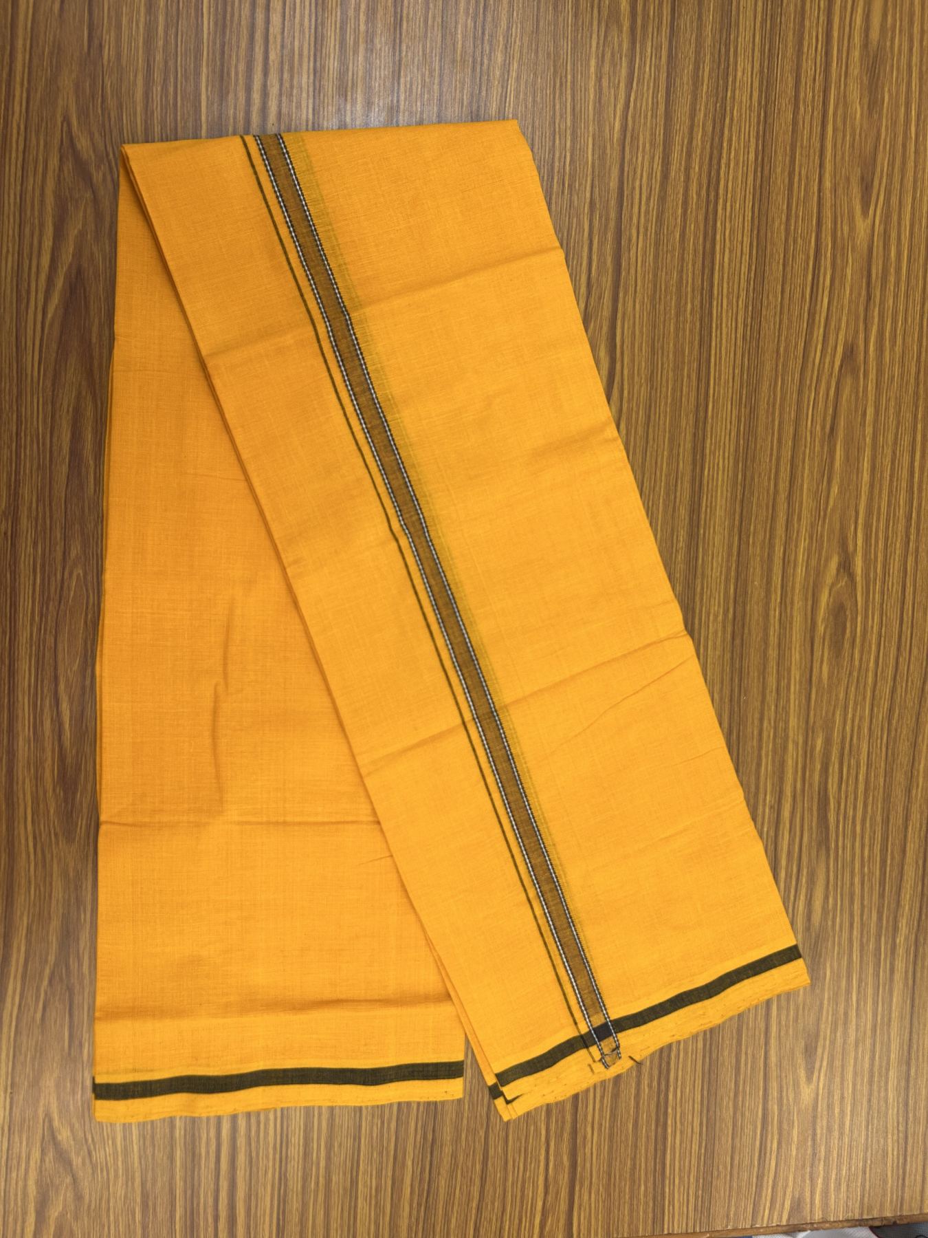 Handloom Single Hallmarked - 10% Discount !! KaithariKada 100% Pure Cotton - Mundu/Dhoti 1.5 cm Black Shaded Kara with Light Orange colour Body - (2 meter / 4 muzham) - 43 KK8044 ELA