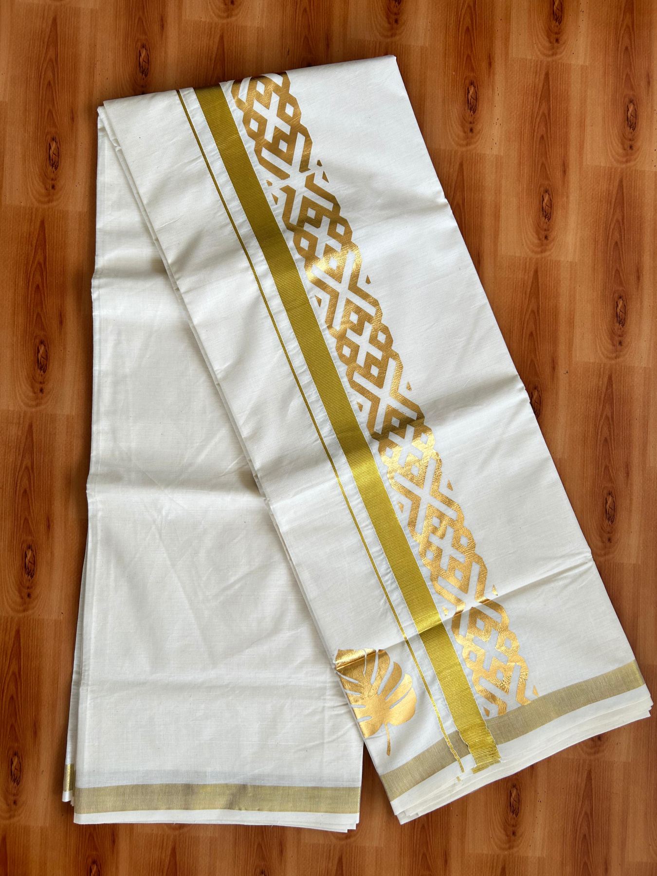 Double Off White (Unbleached) Mundu/Dhoti - 20% Discount!! KaithariKada Mixed Cotton (60s) - 3 inch Gold Kasav & Printed Designer Kara 4 mtr (8.5 Muzham) - 37 KK5487 CKS