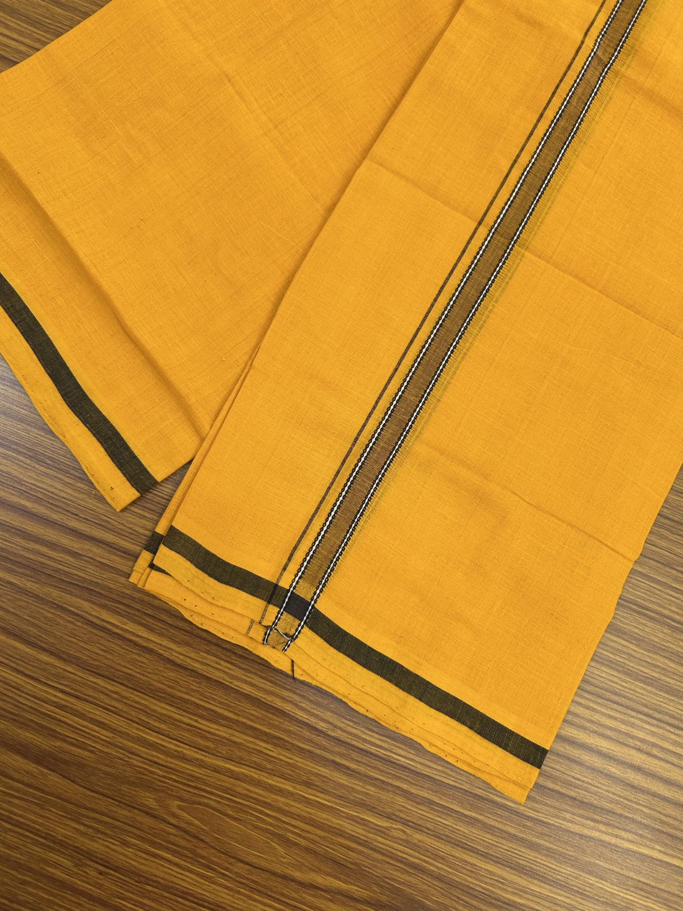 Handloom Single Hallmarked - 10% Discount !! KaithariKada 100% Pure Cotton - Mundu/Dhoti 1.5 cm Black Shaded Kara with Light Orange colour Body - (2 meter / 4 muzham) - 43 KK8044 ELA