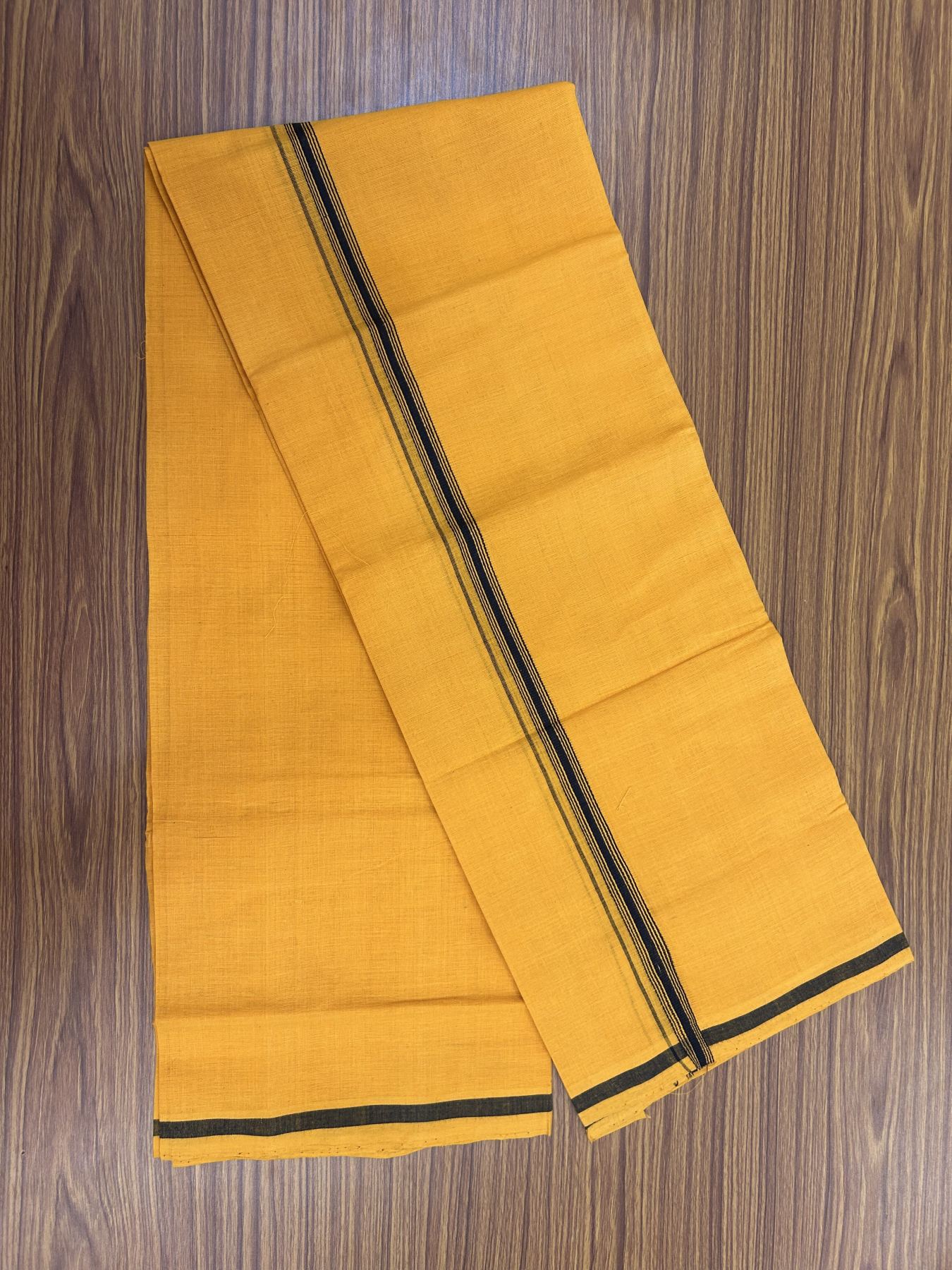 Handloom Single Hallmarked - 10% Discount !! KaithariKada 100% Pure Cotton - Mundu/Dhoti 1.5 cm Black Striped Kara with Light Orange colour Body - (2 meter / 4 muzham) - 44 KK8044 ELA