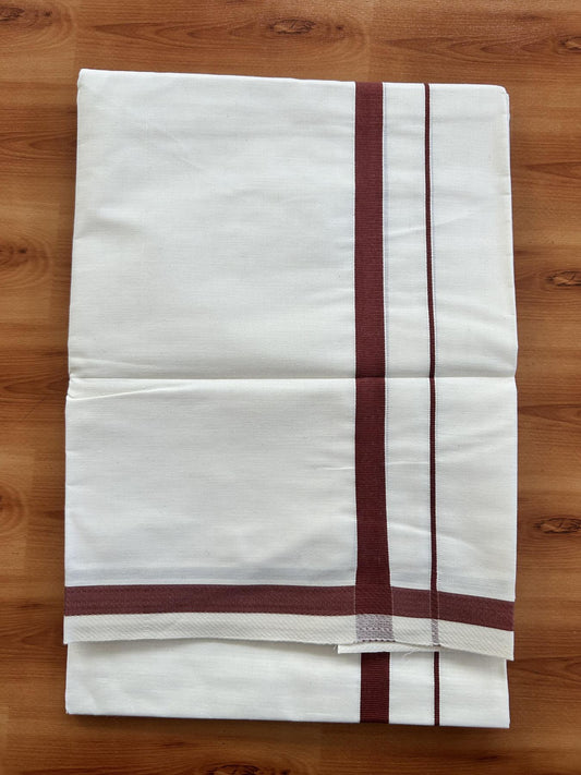 Single Off White - (Unbleached) Mundu/Dhoti - KaithariKada Balaramapuram Pure Cotton 70x30 - 0.5 cm Brown Kara (2 meter /4 muzham) - 12 KK5409 PMC