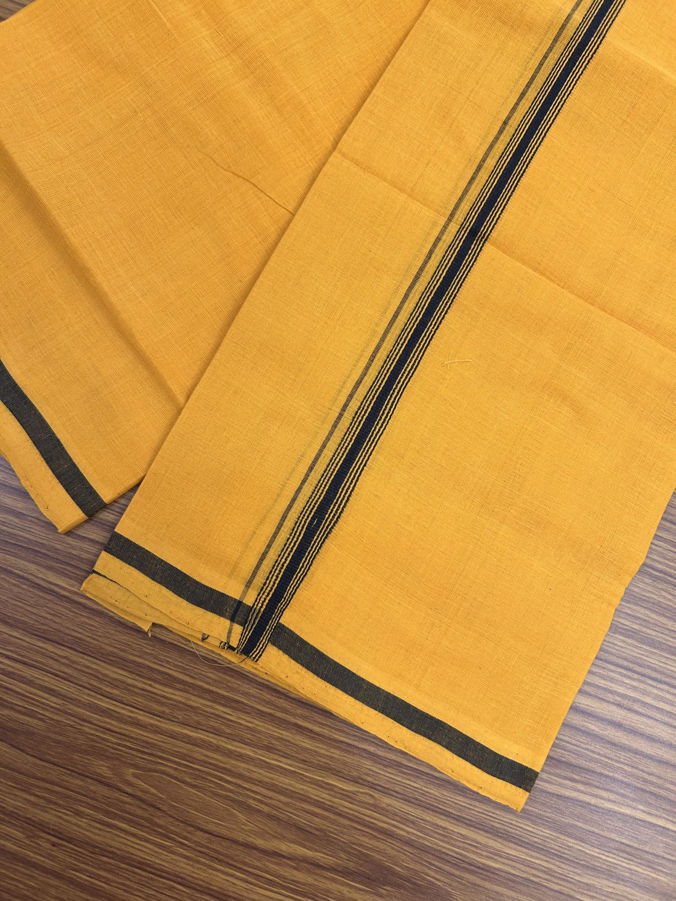 Handloom Single Hallmarked - 10% Discount !! KaithariKada 100% Pure Cotton - Mundu/Dhoti 1.5 cm Black Striped Kara with Light Orange colour Body - (2 meter / 4 muzham) - 44 KK8044 ELA