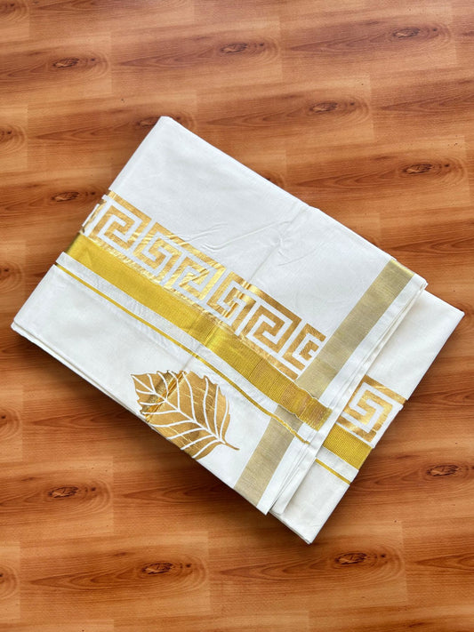 Double Off White (Unbleached) Mundu/Dhoti - 20% Discount!! KaithariKada Mixed Cotton (60s) - 3 inch Gold Kasav & Printed Designer Kara 4 mtr (8.5 Muzham) - 38 KK5487 CKS