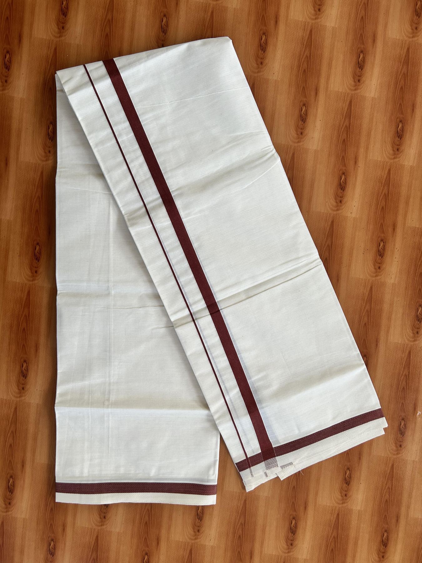 Single Off White - (Unbleached) Mundu/Dhoti - KaithariKada Balaramapuram Pure Cotton 70x30 - 0.5 cm Brown Kara (2 meter /4 muzham) - 12 KK5409 PMC