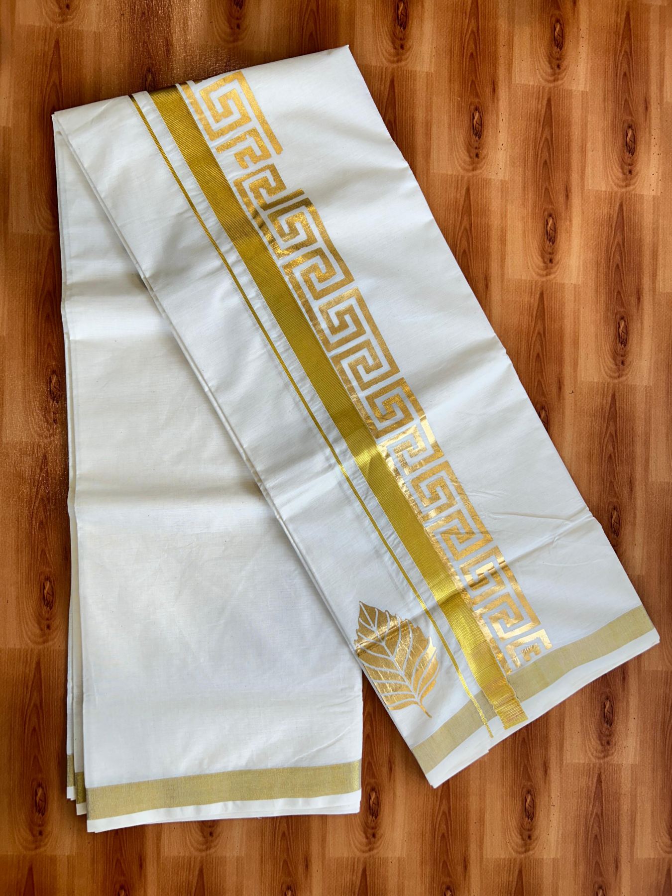 Double Off White (Unbleached) Mundu/Dhoti - 20% Discount!! KaithariKada Mixed Cotton (60s) - 3 inch Gold Kasav & Printed Designer Kara 4 mtr (8.5 Muzham) - 38 KK5487 CKS