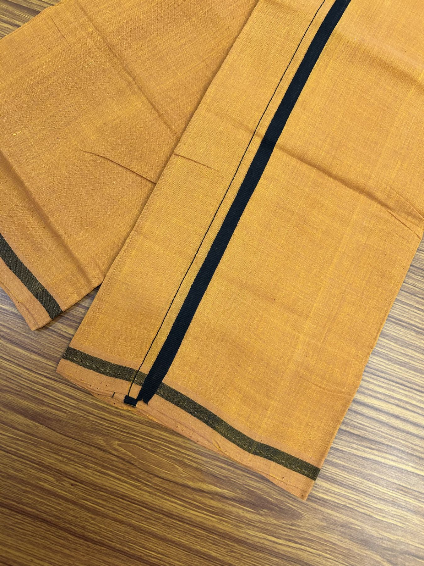 Handloom Single Hallmarked - 10% Discount ! KaithariKada 100% Pure Cotton - Mundu/Dhoti 0.5 inch Black Kara with Kavi colour Body - (2 meter / 4 muzham) - 66 KK8044 ELA