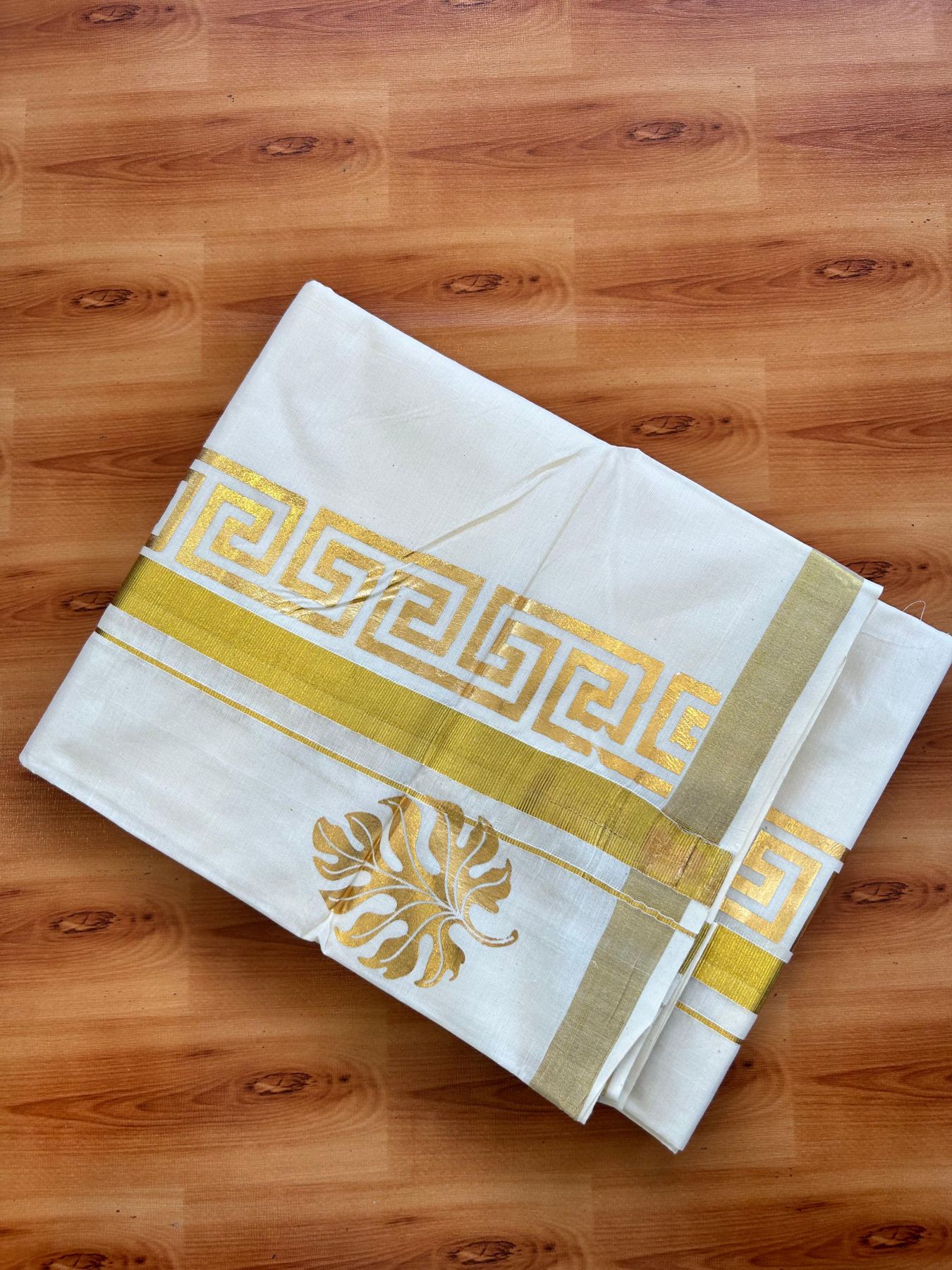 Double Off White (Unbleached) Mundu/Dhoti - 20% Discount!! KaithariKada Mixed Cotton (60s) - 3 inch Gold Kasav & Printed Designer Kara 4 mtr (8.5 Muzham) - 39 KK5487 CKS