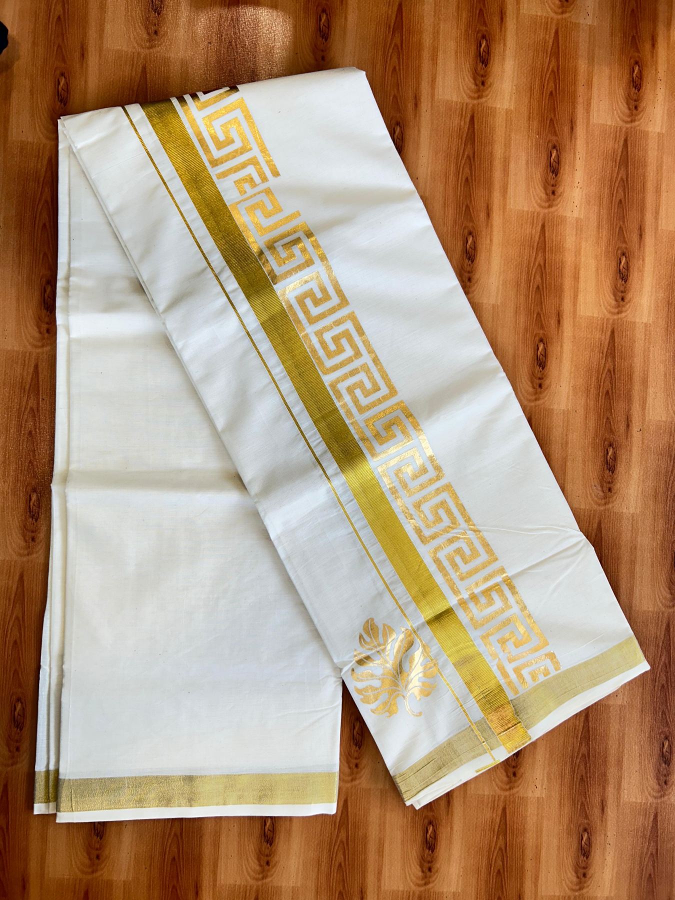 Double Off White (Unbleached) Mundu/Dhoti - 20% Discount!! KaithariKada Mixed Cotton (60s) - 3 inch Gold Kasav & Printed Designer Kara 4 mtr (8.5 Muzham) - 39 KK5487 CKS