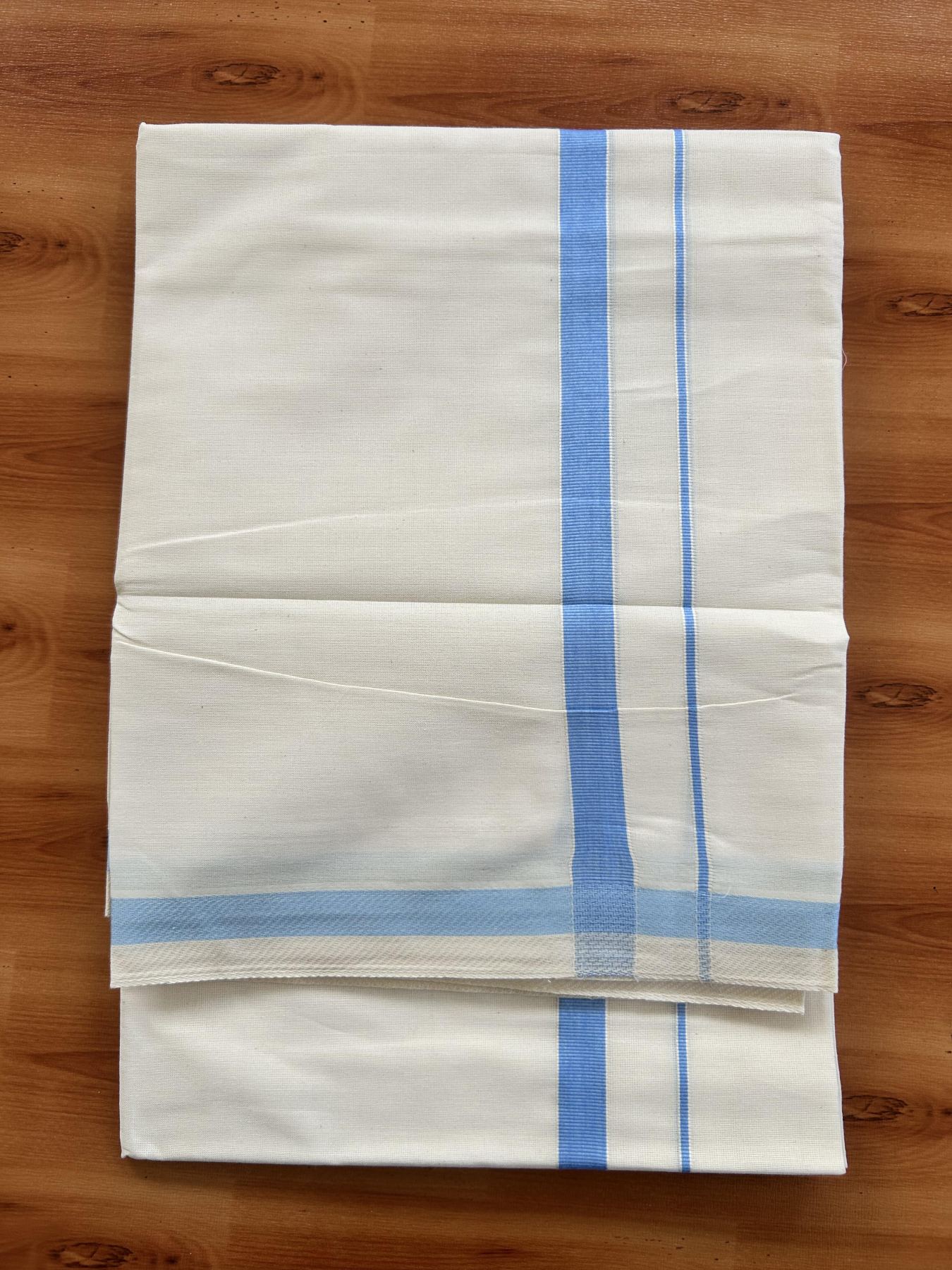 Single Off White - (Unbleached) Mundu/Dhoti - KaithariKada Balaramapuram Pure Cotton 70x30 - 0.5 cm Light Blue Kara (2 meter /4 muzham) - 10 KK5409 PMC
