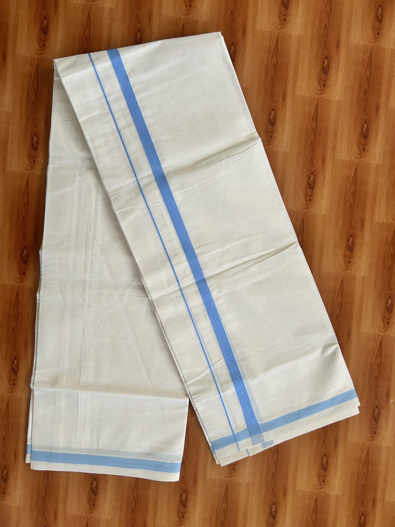 Single Off White - (Unbleached) Mundu/Dhoti - KaithariKada Balaramapuram Pure Cotton 70x30 - 0.5 cm Light Blue Kara (2 meter /4 muzham) - 10 KK5409 PMC