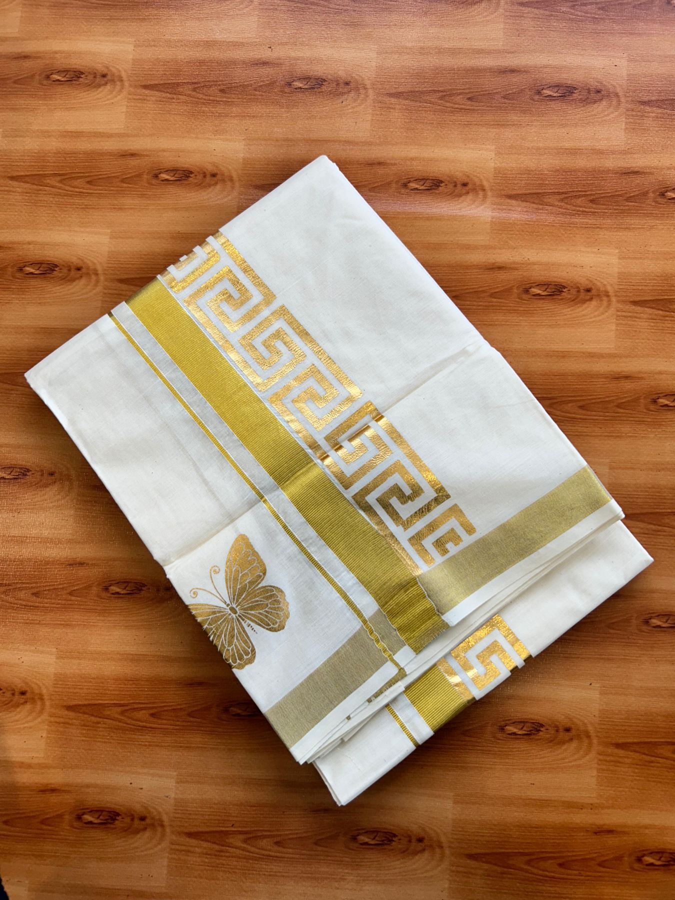 Double Off White (Unbleached) Mundu/Dhoti - 20% Discount!! KaithariKada Mixed Cotton (60s) - 3 inch Gold Kasav & Printed Designer Kara 4 mtr (8.5 Muzham) - 40 KK5487 CKS