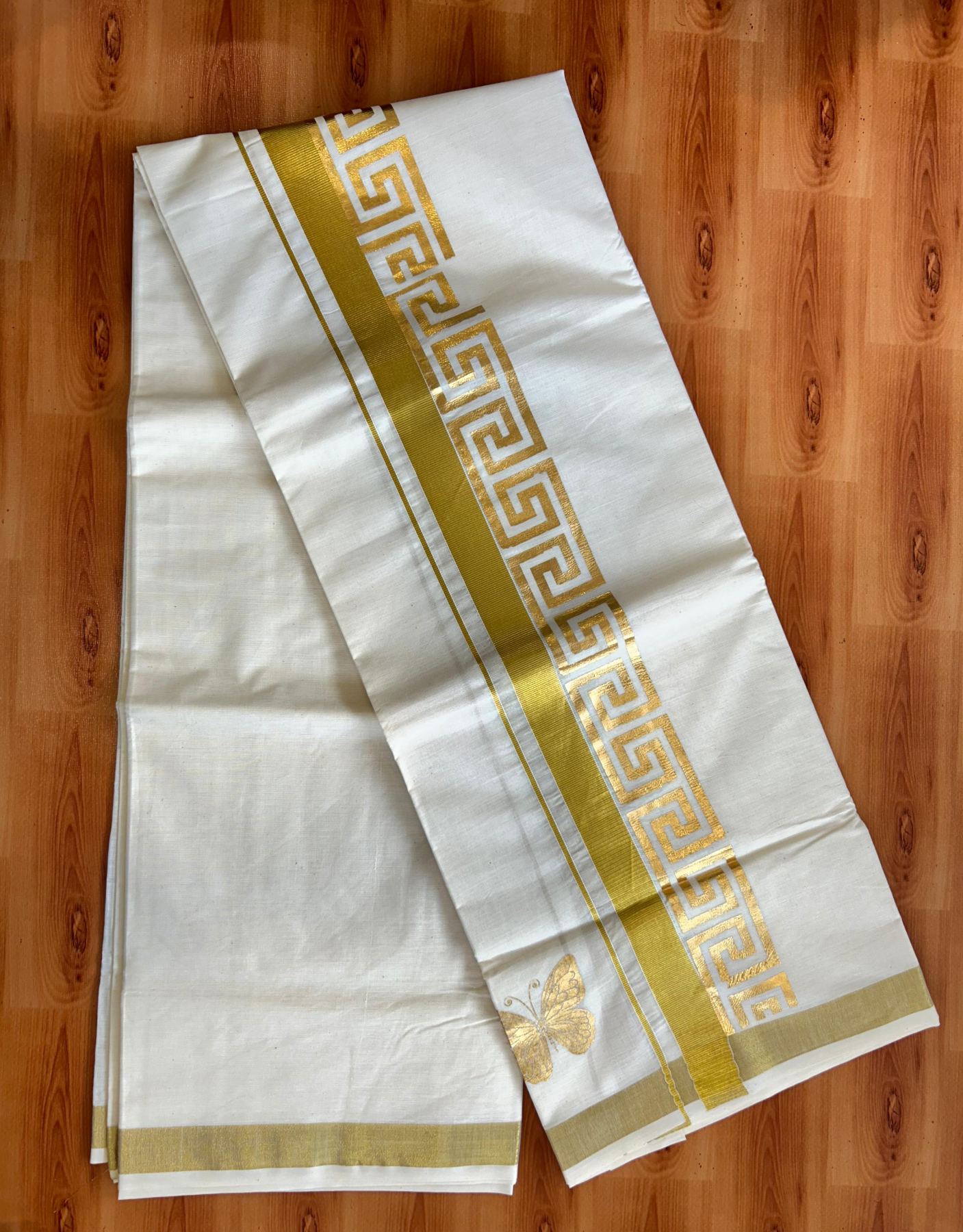 Double Off White (Unbleached) Mundu/Dhoti - 20% Discount!! KaithariKada Mixed Cotton (60s) - 3 inch Gold Kasav & Printed Designer Kara 4 mtr (8.5 Muzham) - 40 KK5487 CKS