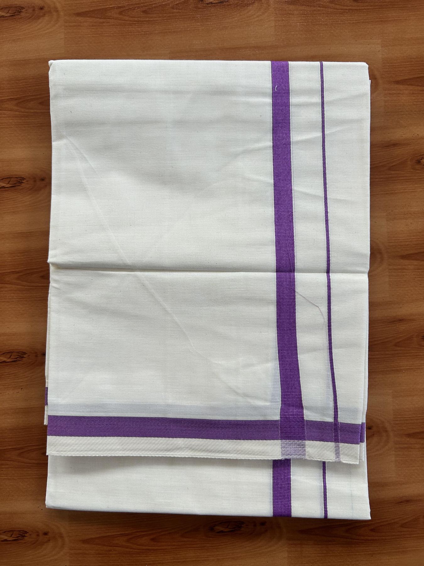 Single Off White - (Unbleached) Mundu/Dhoti - KaithariKada Balaramapuram Pure Cotton 70x30 - 0.5 cm Violet Kara (2 meter /4 muzham) - 11 KK5409 PMC