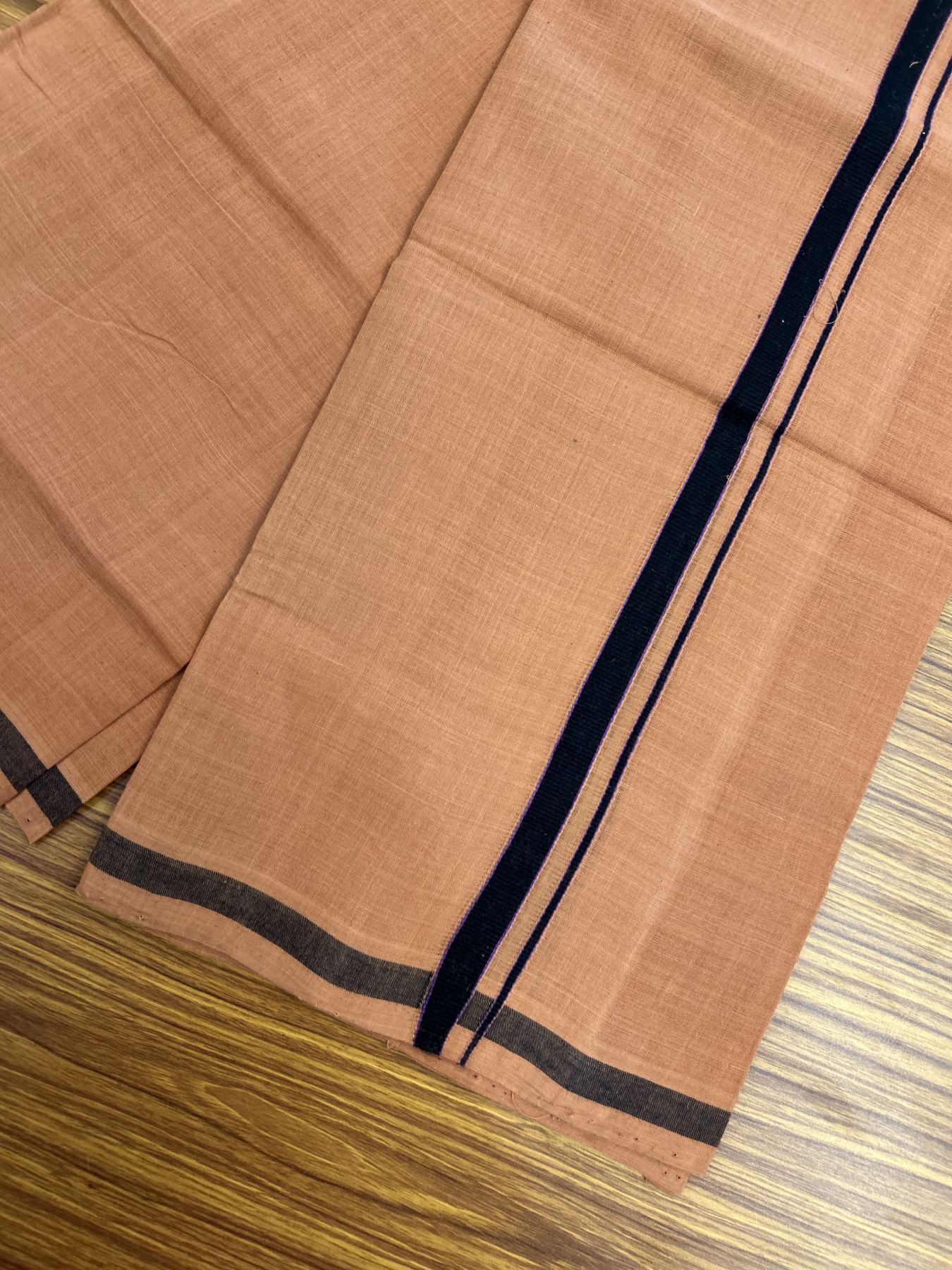 Handloom Single Hallmarked - 10% Discount ! KaithariKada 100% Pure Cotton - Mundu/Dhoti 0.5 inch Black & Violet Kara with Kavi colour Body - (2 meter / 4 muzham) - 53 KK8044 ELA