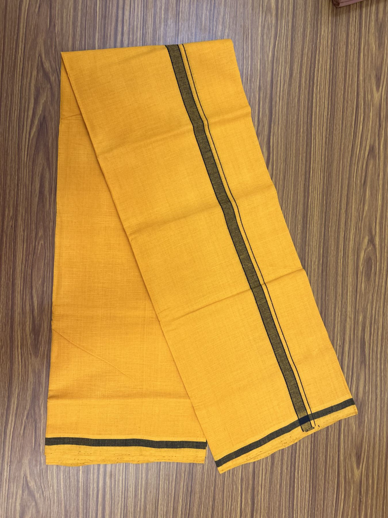 Handloom Single Hallmarked - 10% Discount !! KaithariKada 100% Pure Cotton - Mundu/Dhoti 1.5 cm Black Shaded Kara with Light Orange colour Body - (2 meter / 4 muzham) - 45 KK8044 ELA