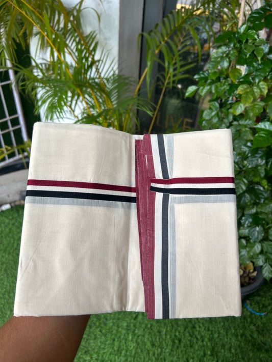 AIADMK VESHTI - 19% DISCOUNT! KaithariKada 100% Cotton off white Double - (Unbleached) Mundu/Dhoti - 100X100 - 0.75 inch Black White & Maroon kara 3.75m (8 muzham)- 6KK5187ASH