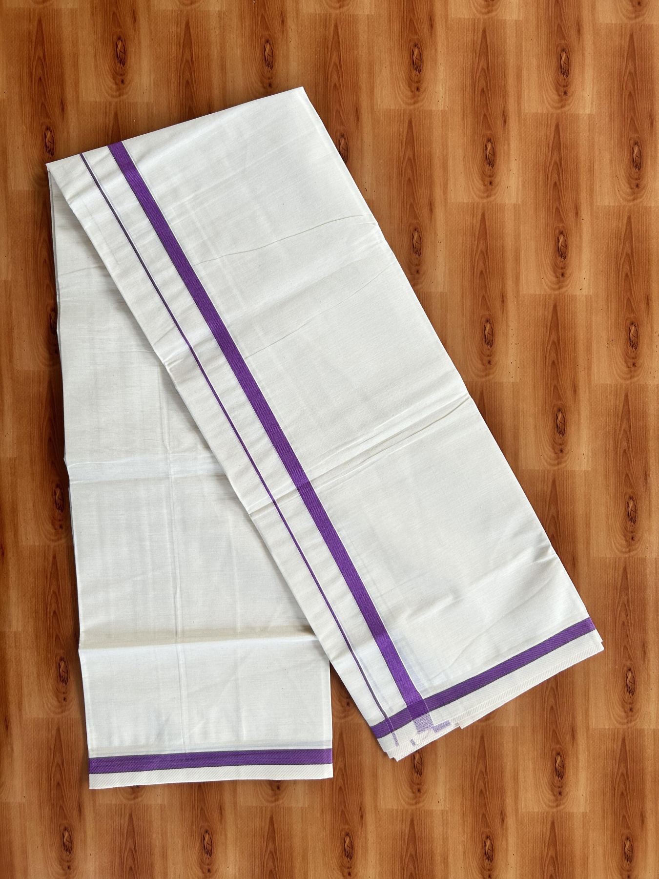 Single Off White - (Unbleached) Mundu/Dhoti - KaithariKada Balaramapuram Pure Cotton 70x30 - 0.5 cm Violet Kara (2 meter /4 muzham) - 11 KK5409 PMC