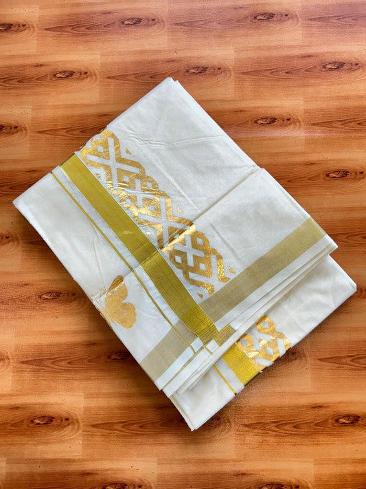 Double Off White (Unbleached) Mundu/Dhoti - 20% Discount!! KaithariKada Mixed Cotton (60s) - 2.75 inch Gold Kasav & Printed Designer Kara 4 mtr (8.5 Muzham) - 41 KK5487 CKS