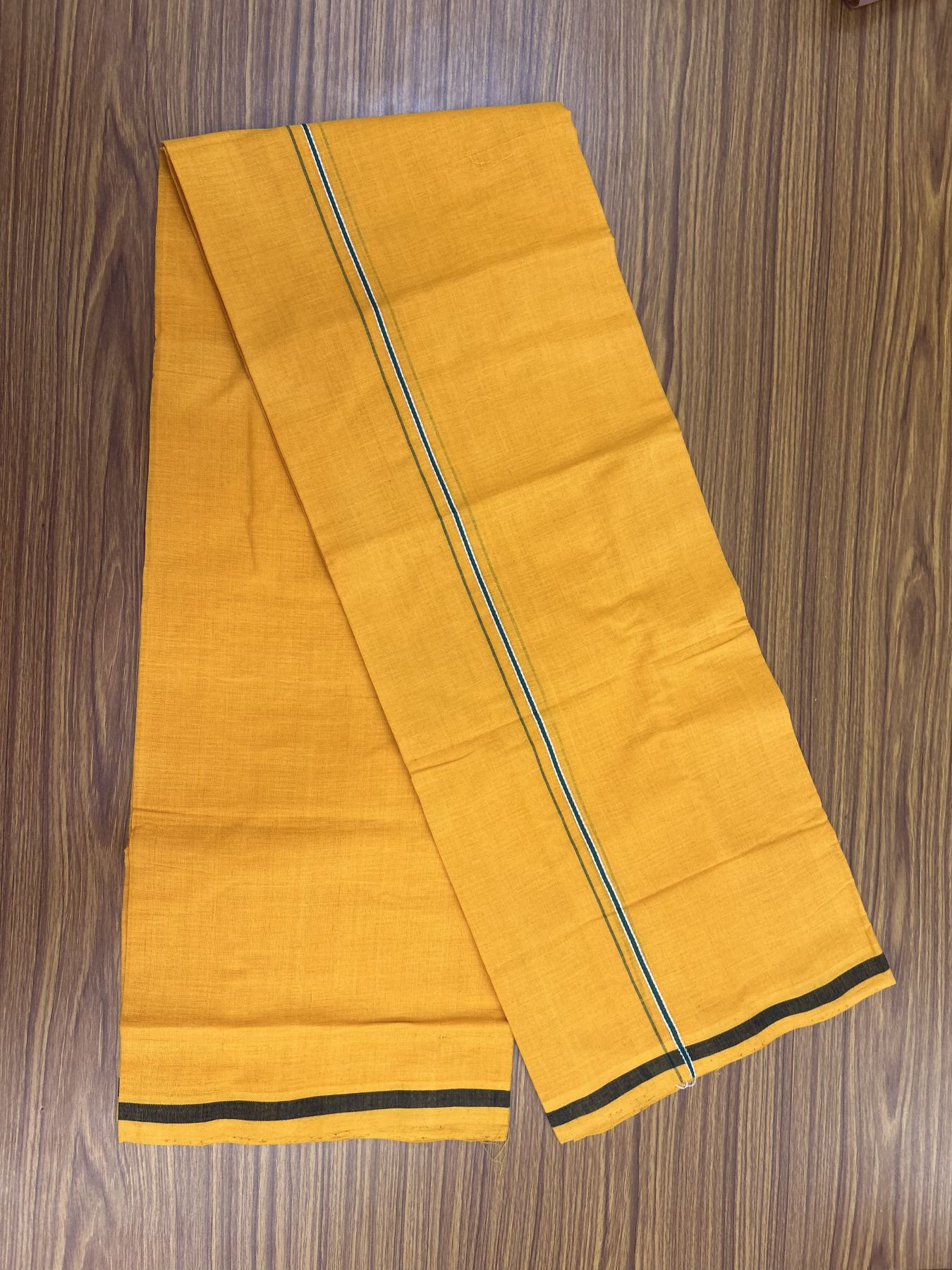 Handloom Single Hallmarked - 10% Discount !! KaithariKada 100% Pure Cotton - Mundu/Dhoti 0.2 cm Green Kara with Light Orange colour Body - (2 meter / 4 muzham) - 46 KK8044 ELA